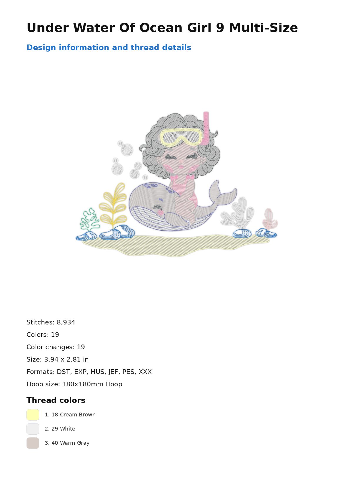 Under Water Of Ocean Girl 9 Multi-Size free machine embroidery design — 3.94×2.81 in — 8,934 stitches — 19 colors — DST, EXP, HUS, JEF, PES