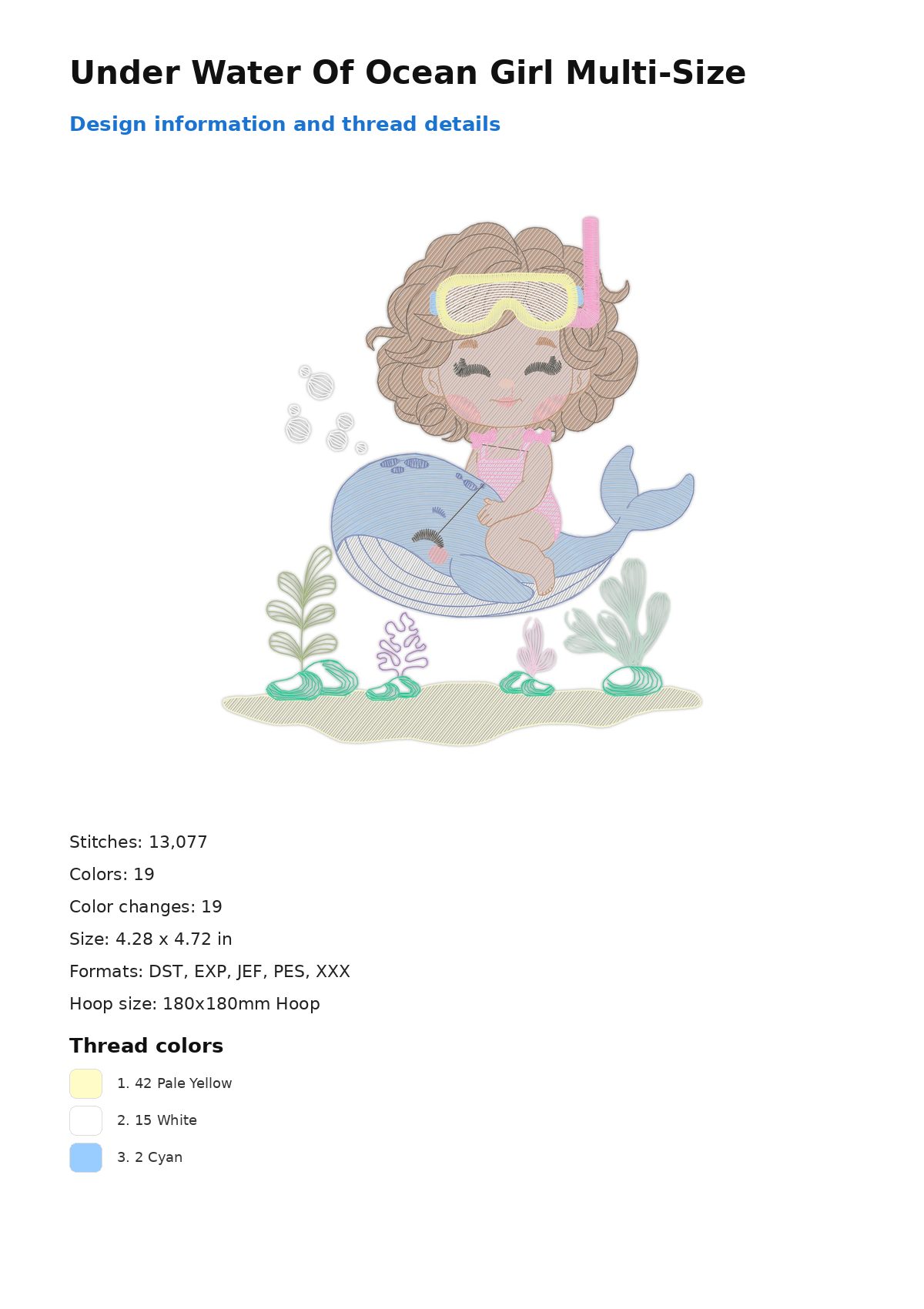 Under Water Of Ocean Girl Multi-Size free machine embroidery design — 4.28×4.72 in — 13,077 stitches — 19 colors — DST, EXP, JEF, PES, XXX