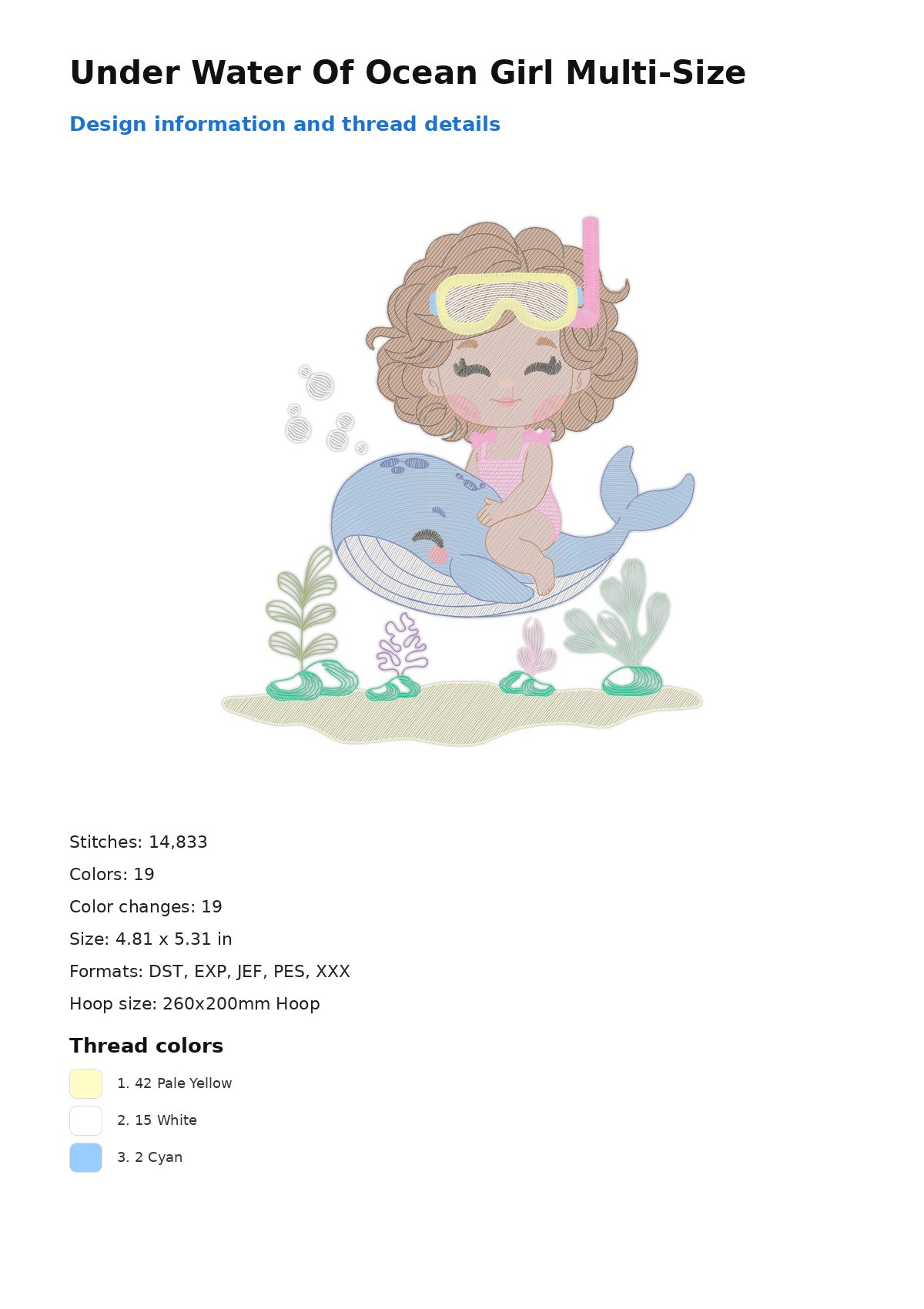 Under Water Of Ocean Girl Multi-Size free machine embroidery design — 4.81×5.31 in — 14,833 stitches — 19 colors — DST, EXP, JEF, PES, XXX
