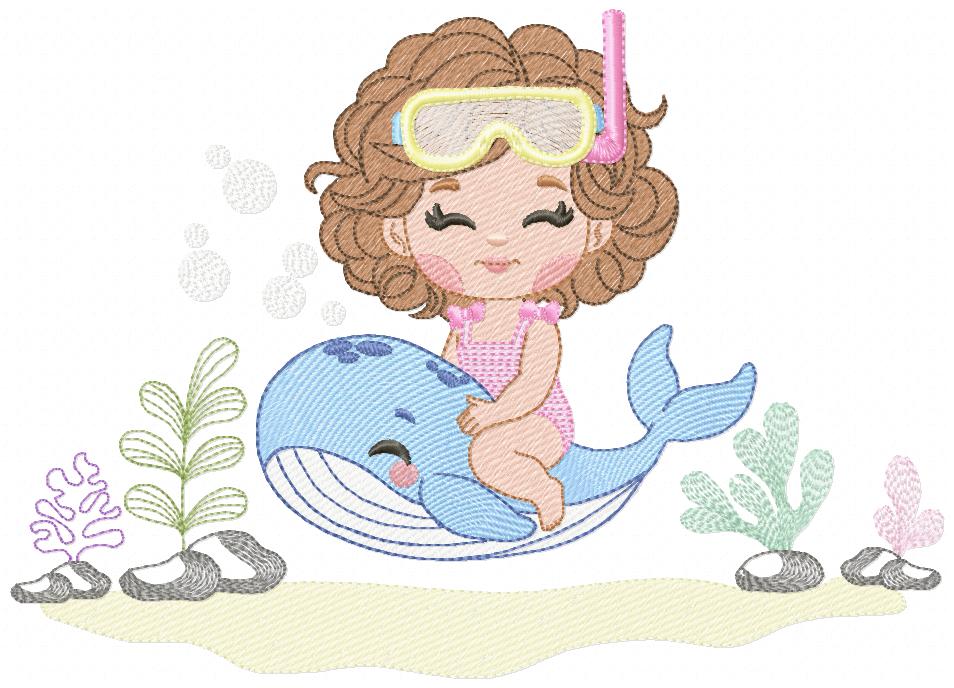 Under Water Of Ocean Girl Multi-Size free machine embroidery design — 4.28×4.72 in — 13,077 stitches — 19 colors — DST, EXP, JEF, PES, XXX