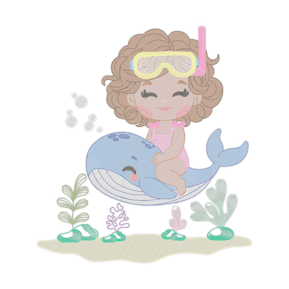 Under Water Of Ocean Girl Multi-Size free machine embroidery design — 4.81×5.31 in — 14,833 stitches — 19 colors — DST, EXP, JEF, PES, XXX