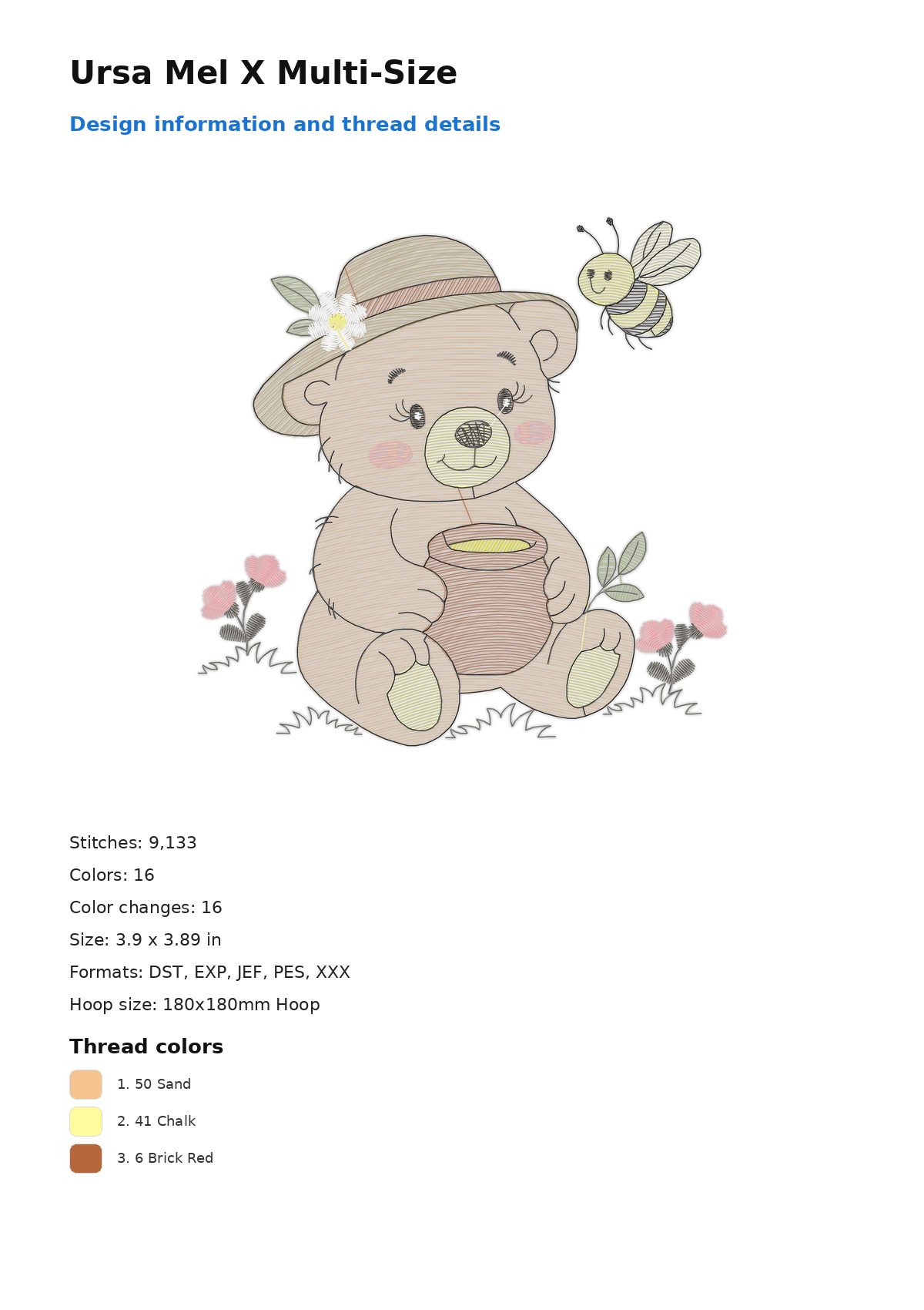 Ursa Mel X Multi-Size free machine embroidery design — 3.9×3.89 in — 9,133 stitches — 16 colors — DST, EXP, JEF, PES, XXX