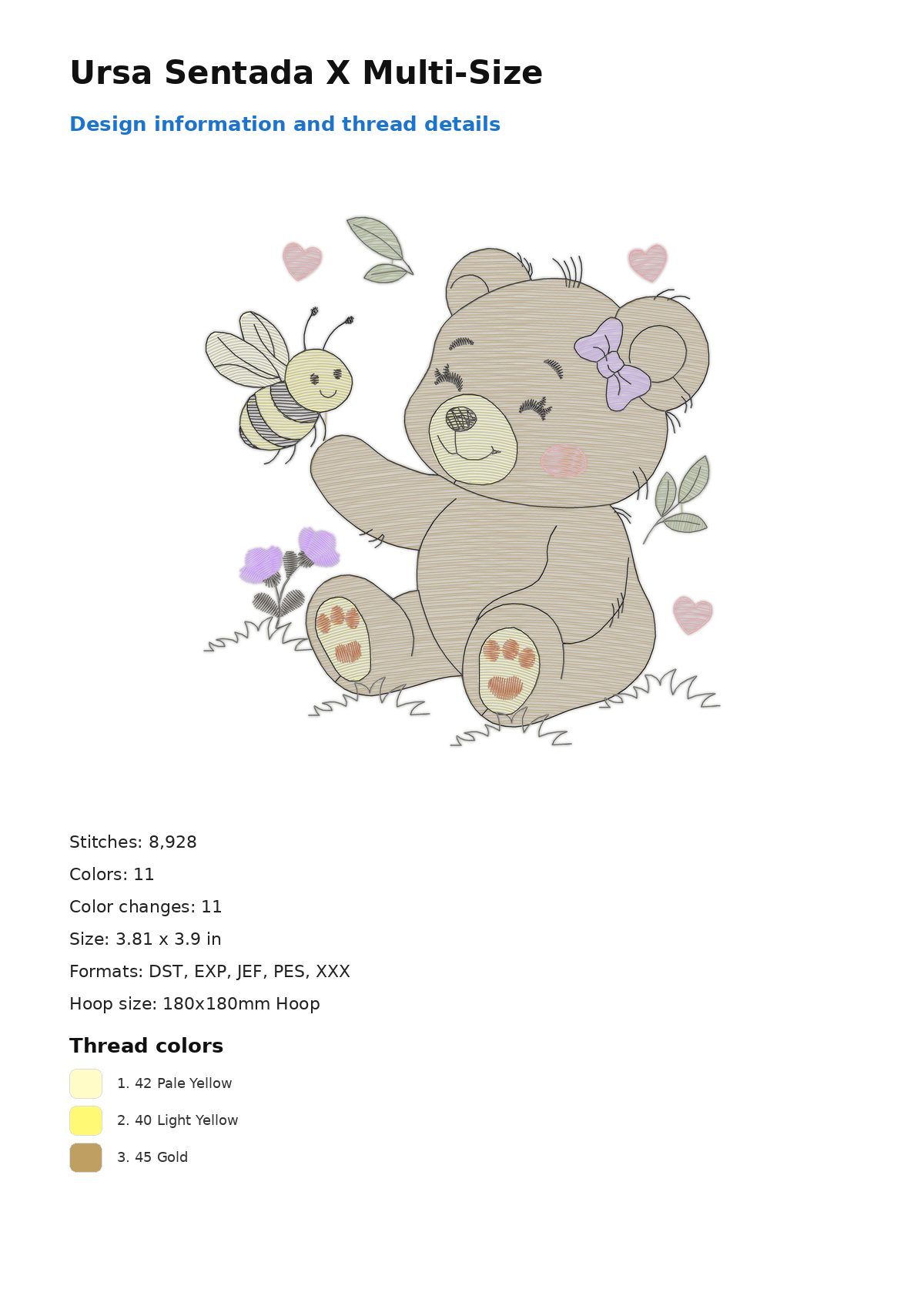 Ursa Sentada X Multi-Size free machine embroidery design — 3.81×3.9 in — 8,928 stitches — 11 colors — DST, EXP, JEF, PES, XXX