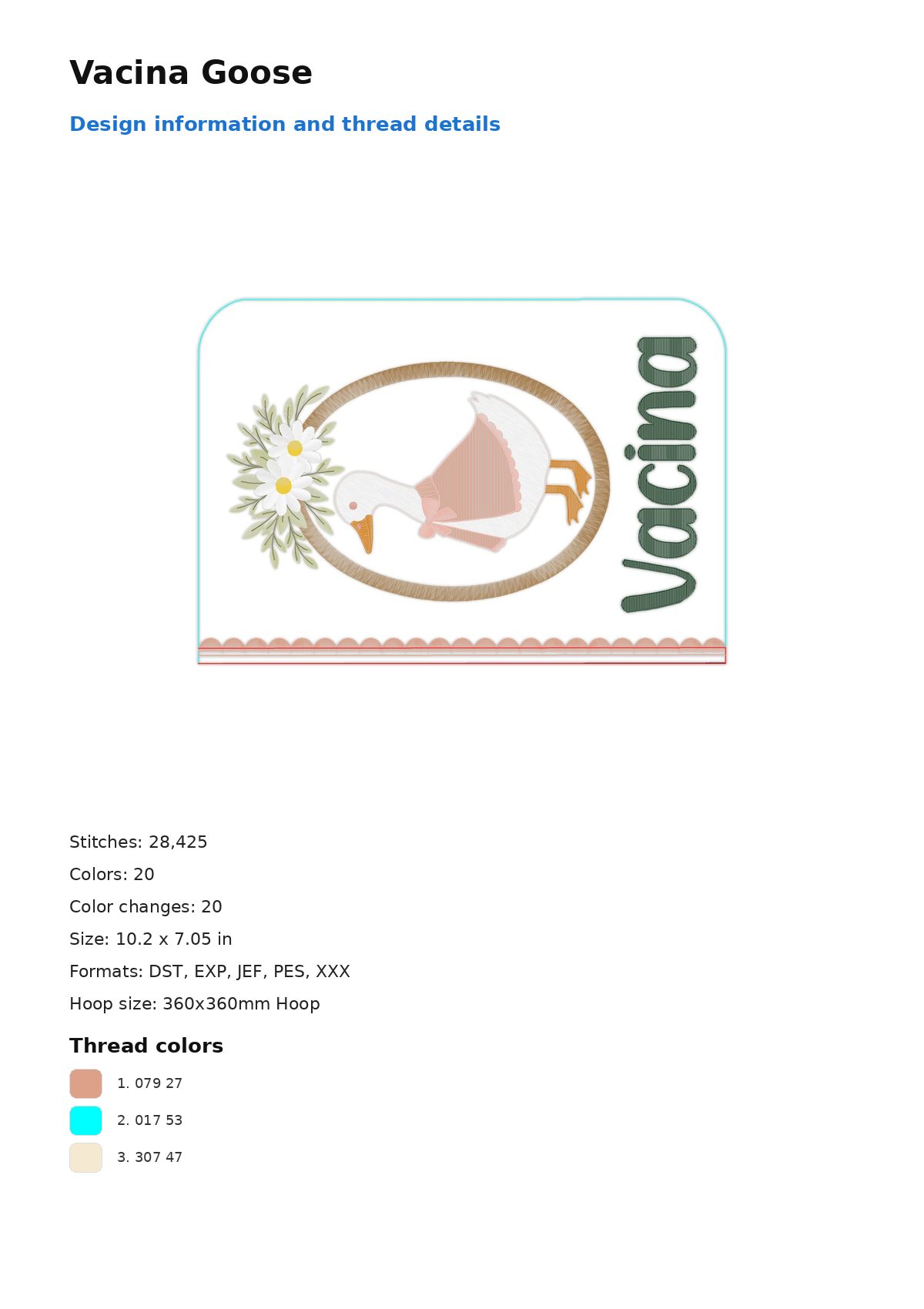 Vacina Goose free machine embroidery design — 10.2×7.05 in — 28,425 stitches — 20 colors — DST, EXP, JEF, PES, XXX