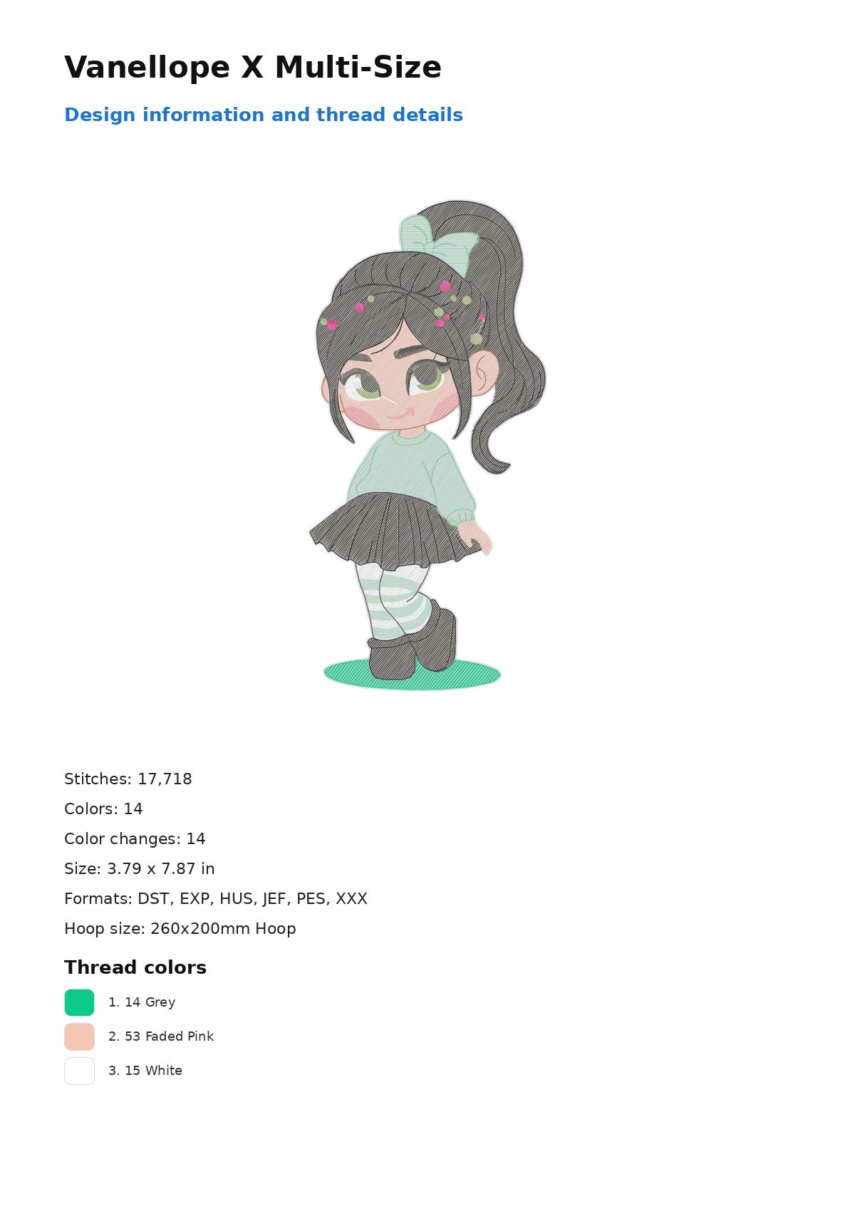 Vanellope X Multi-Size free machine embroidery design — 3.79×7.87 in — 17,718 stitches — 14 colors — DST, EXP, HUS, JEF, PES