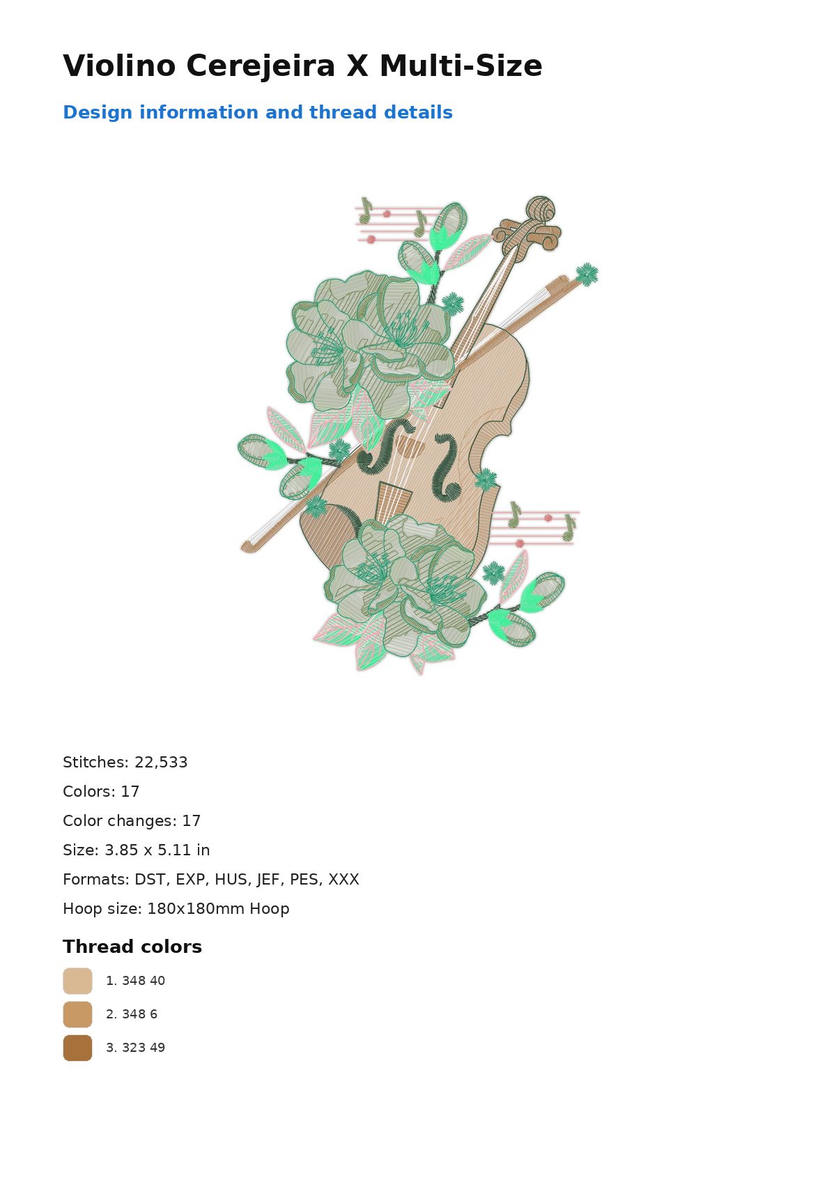 Violino Cerejeira X Multi-Size free machine embroidery design — 3.85×5.11 in — 22,533 stitches — 17 colors — DST, EXP, HUS, JEF, PES