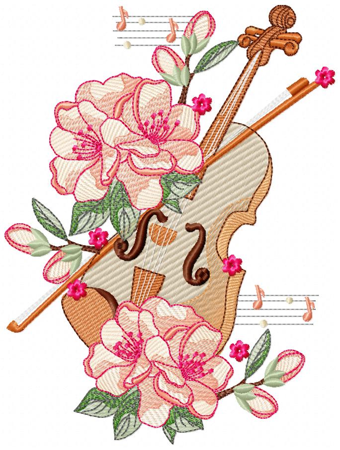 Violino Cerejeira X Multi-Size free machine embroidery design — 3.85×5.11 in — 22,533 stitches — 17 colors — DST, EXP, HUS, JEF, PES
