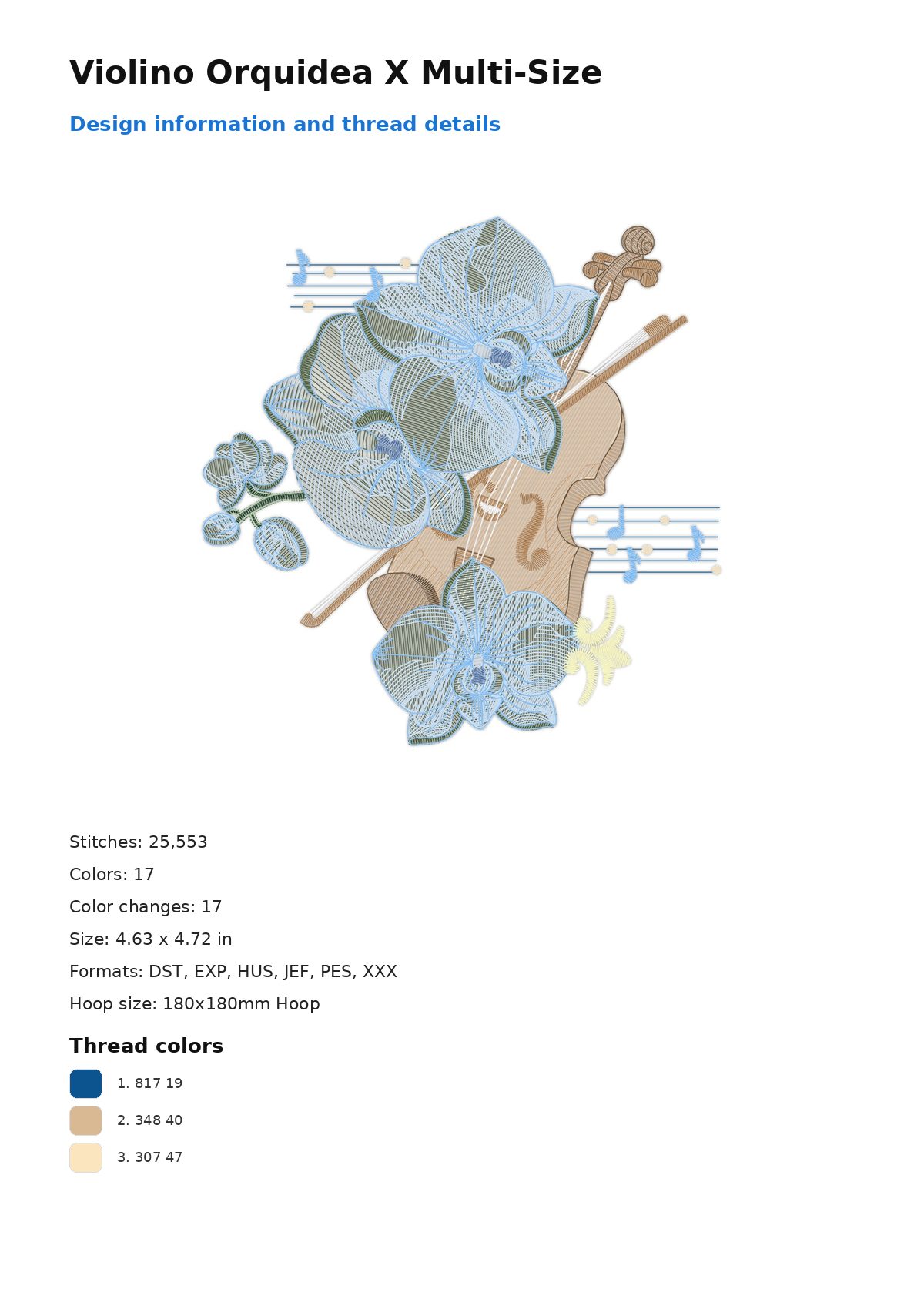 Violino Orquidea X Multi-Size free machine embroidery design — 4.63×4.72 in — 25,553 stitches — 17 colors — DST, EXP, HUS, JEF, PES