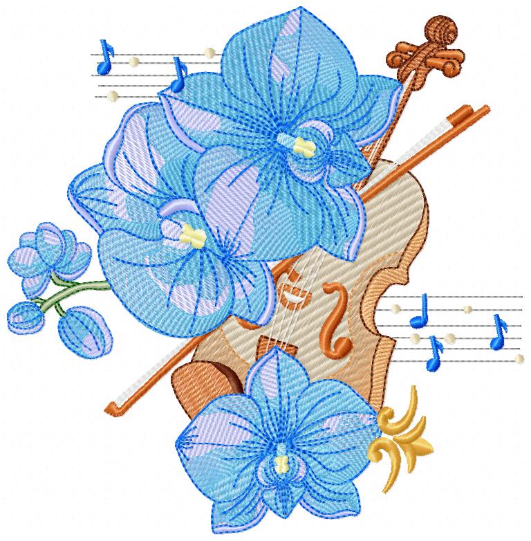 Violino Orquidea X Multi-Size free machine embroidery design — 4.63×4.72 in — 25,553 stitches — 17 colors — DST, EXP, HUS, JEF, PES