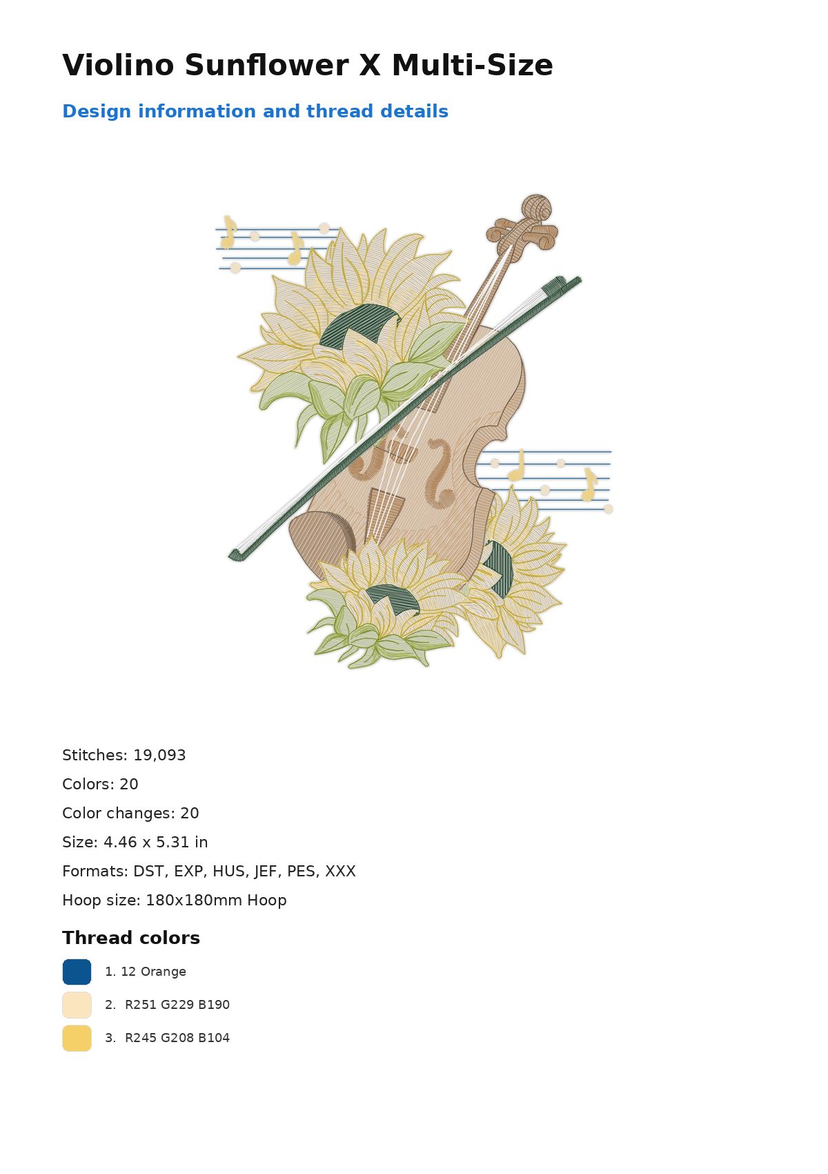 Violino Sunflower X Multi-Size free machine embroidery design — 4.46×5.31 in — 19,093 stitches — 20 colors — DST, EXP, HUS, JEF, PES