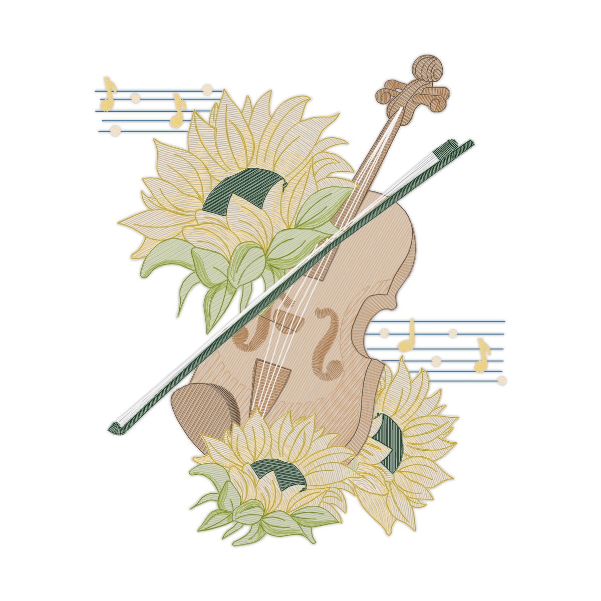 Violino Sunflower X Multi-Size free machine embroidery design — 4.46×5.31 in — 19,093 stitches — 20 colors — DST, EXP, HUS, JEF, PES