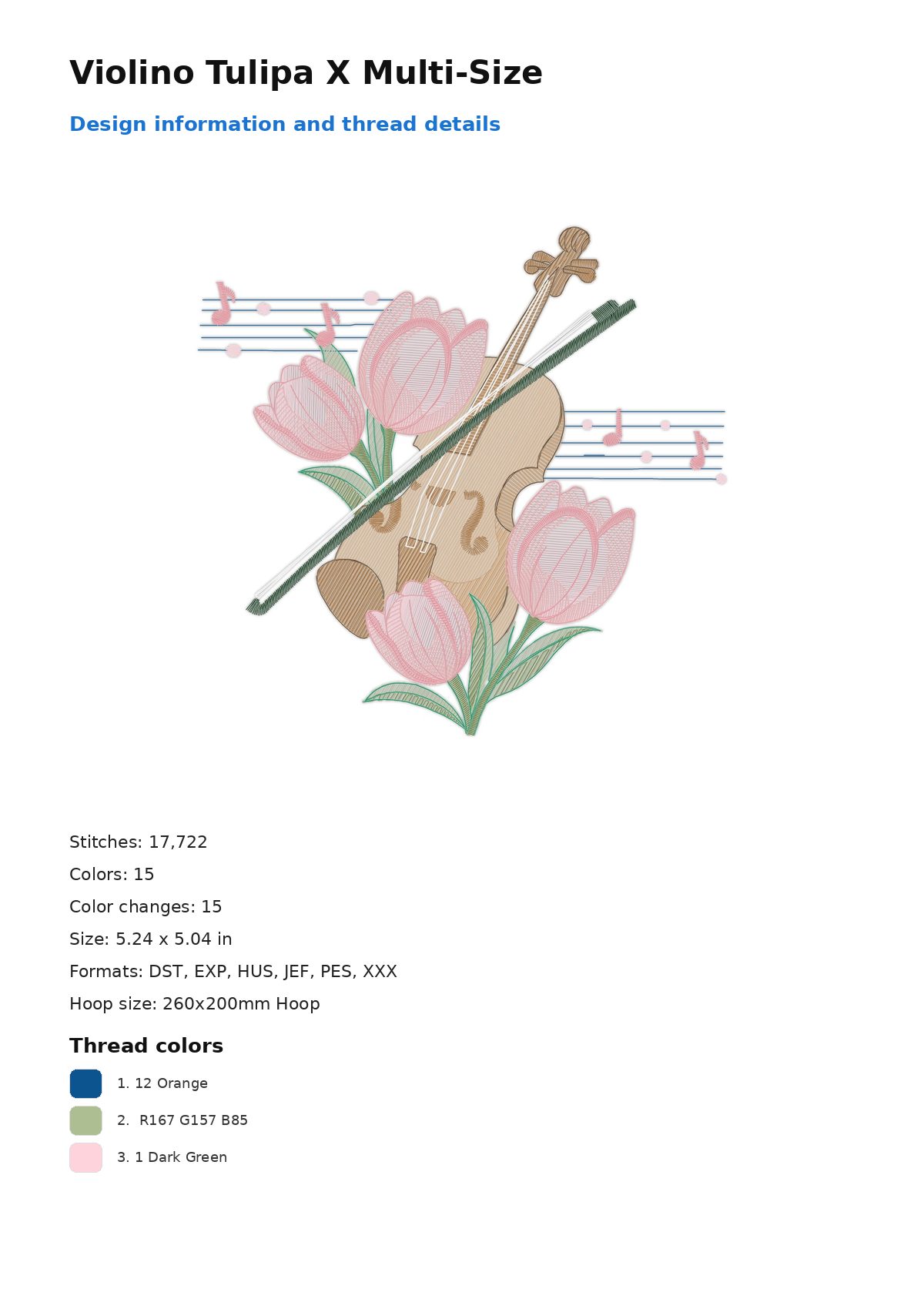 Violino Tulipa X Multi-Size free machine embroidery design — 5.24×5.04 in — 17,722 stitches — 15 colors — DST, EXP, HUS, JEF, PES