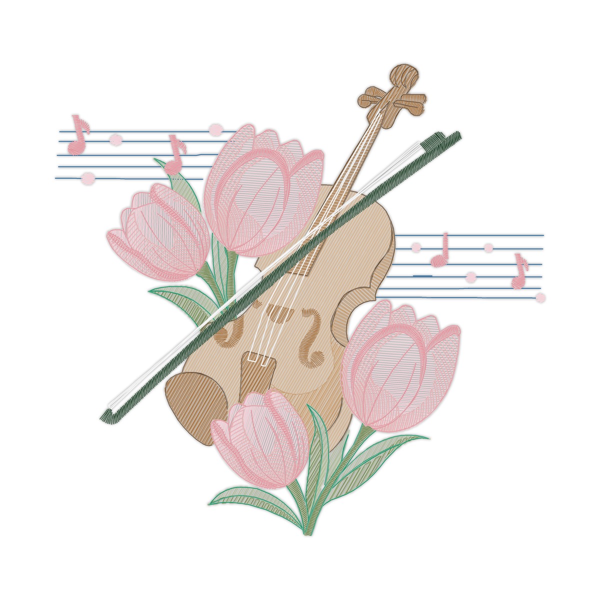 Violino Tulipa X Multi-Size free machine embroidery design — 5.24×5.04 in — 17,722 stitches — 15 colors — DST, EXP, HUS, JEF, PES