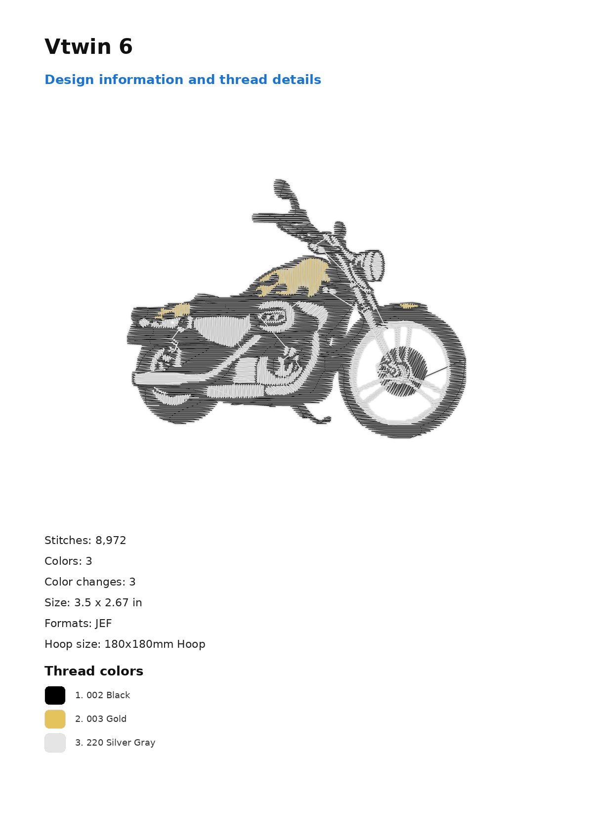 Vtwin 6 free machine embroidery design — 3.5×2.67 in — 8,972 stitches — 3 colors — JEF