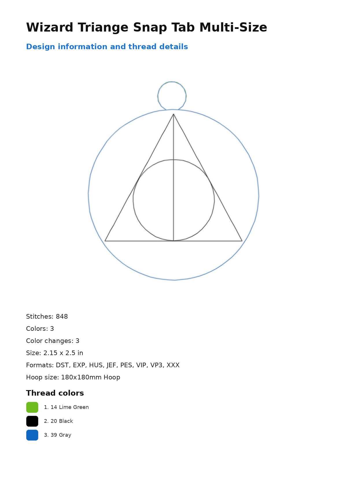 Wizard Triange Snap Tab Multi-Size free machine embroidery design — 2.15×2.5 in — 848 stitches — 3 colors — DST, EXP, HUS, JEF, PES
