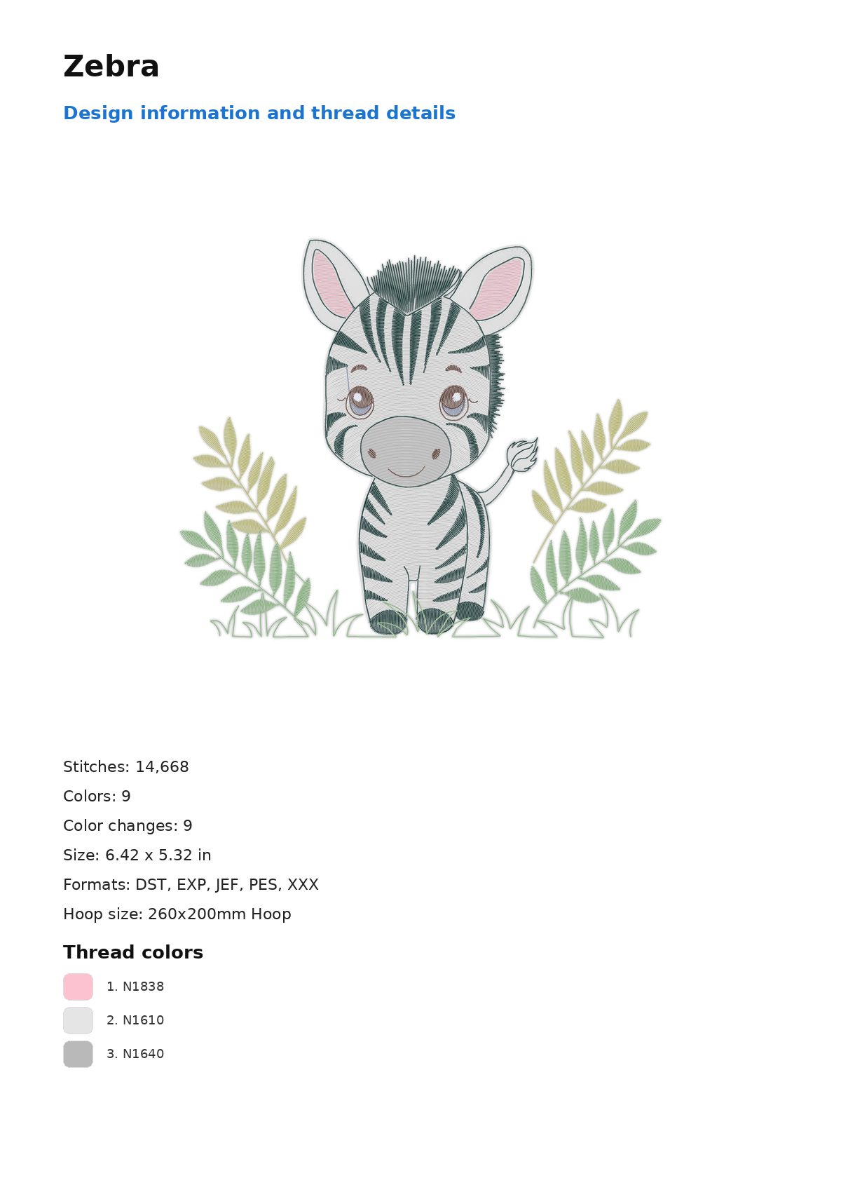 Zebra free machine embroidery design — 6.42×5.32 in — 14,668 stitches — 9 colors — DST, EXP, JEF, PES, XXX