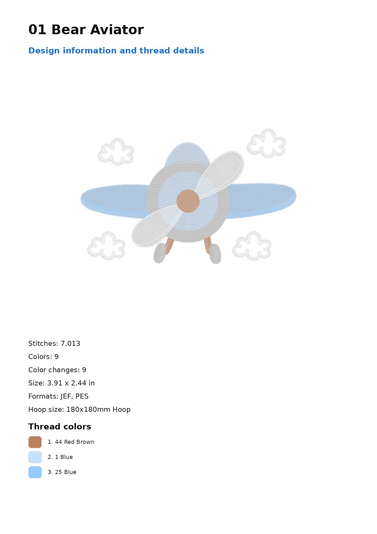 01 Bear Aviator free machine embroidery design — 3.91×2.44 in — 7,013 stitches — 9 colors — JEF, PES