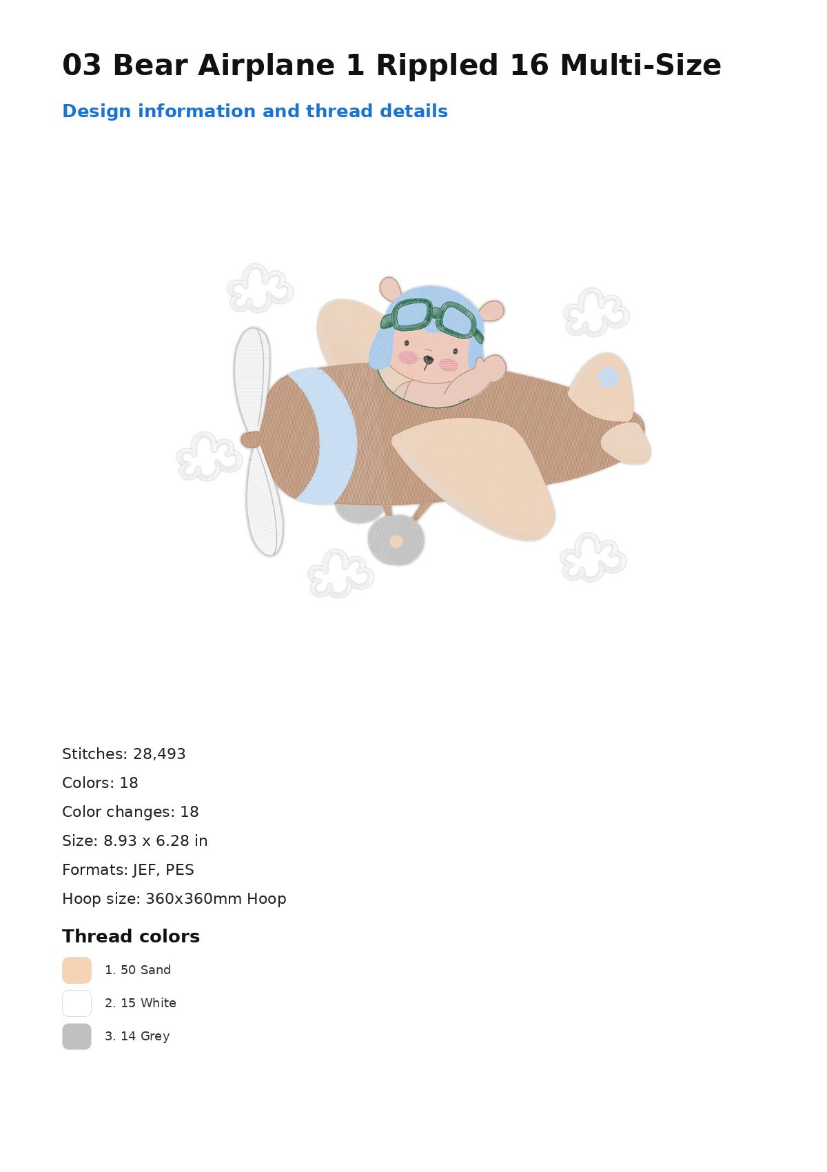 03 Bear Airplane 1 Rippled 16 Multi-Size free machine embroidery design — 8.93×6.28 in — 28,493 stitches — 18 colors — JEF, PES
