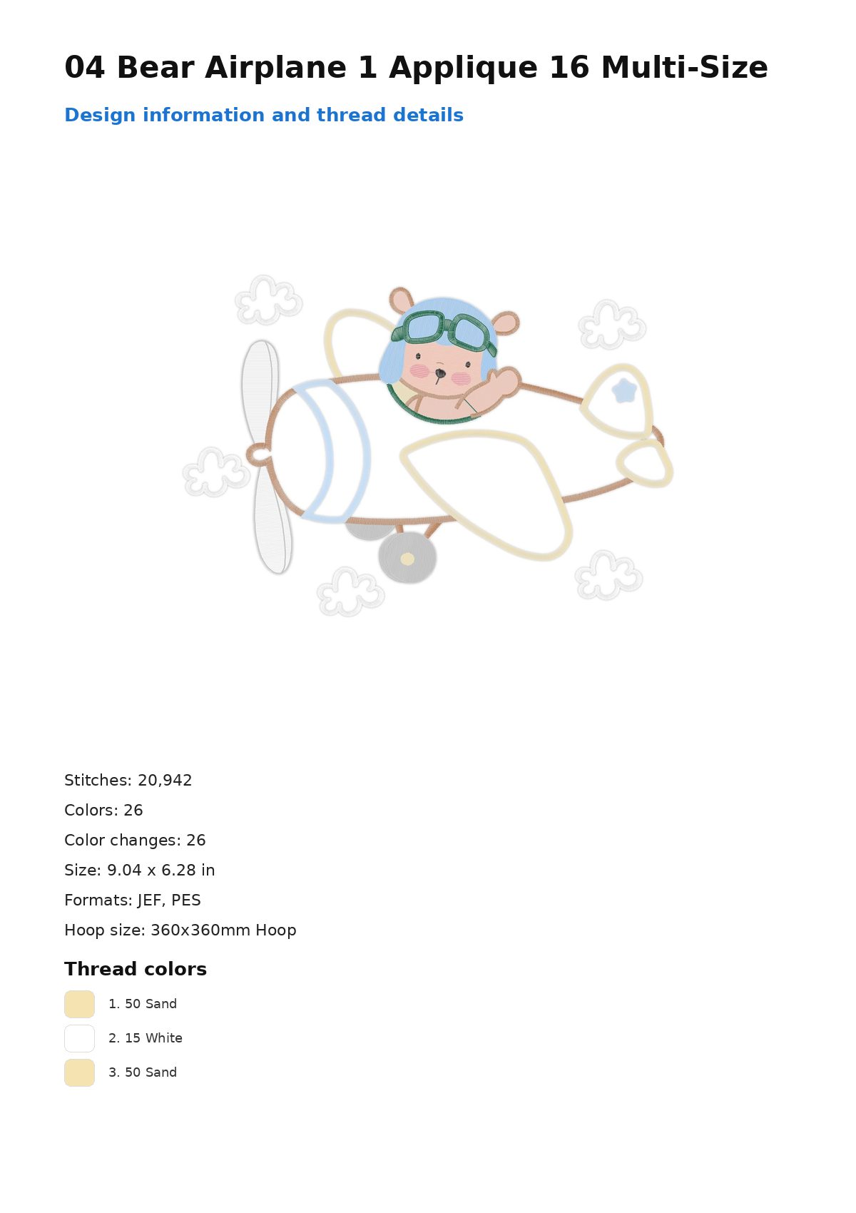 04 Bear Airplane 1 Applique 16 Multi-Size free machine embroidery design — 9.04×6.28 in — 20,942 stitches — 26 colors — JEF, PES
