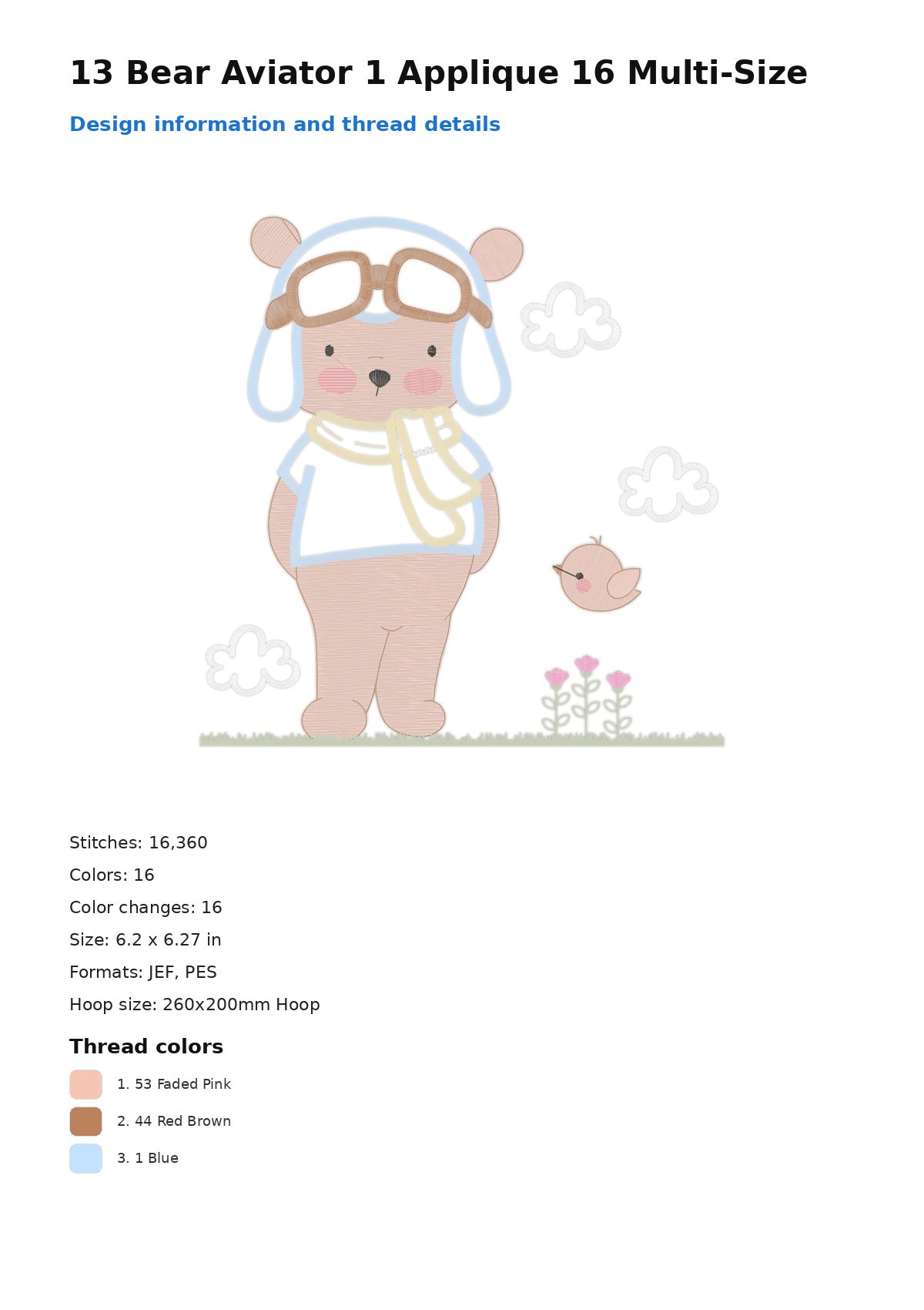 13 Bear Aviator 1 Applique 16 Multi-Size free machine embroidery design — 6.2×6.27 in — 16,360 stitches — 16 colors — JEF, PES