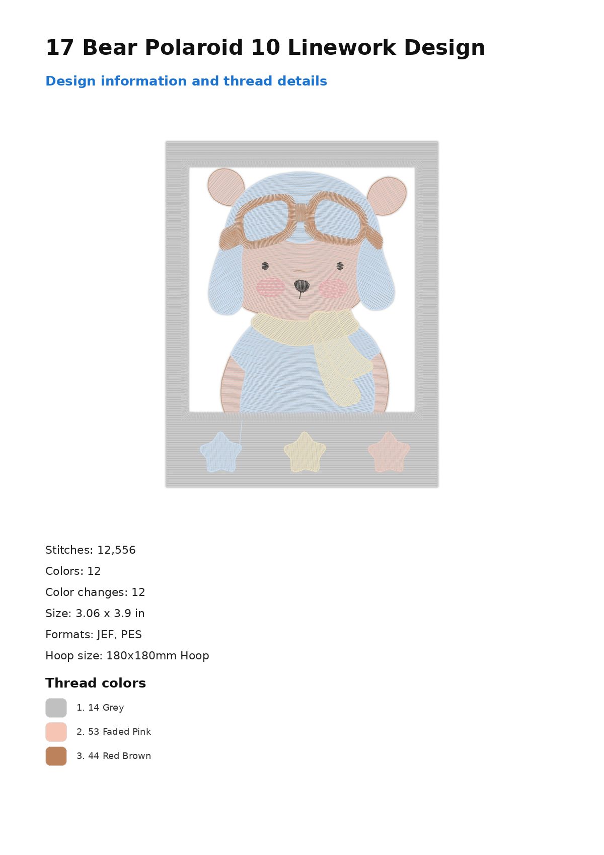17 Bear Polaroid 10 Linework Design free machine embroidery design — 3.06×3.9 in — 12,556 stitches — 12 colors — JEF, PES
