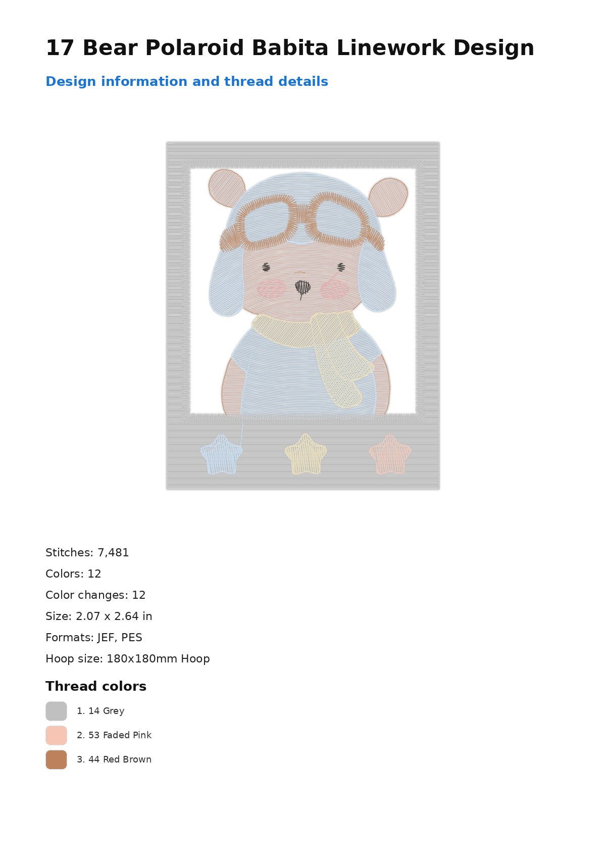 17 Bear Polaroid Babita Linework Design free machine embroidery design — 2.07×2.64 in — 7,481 stitches — 12 colors — JEF, PES