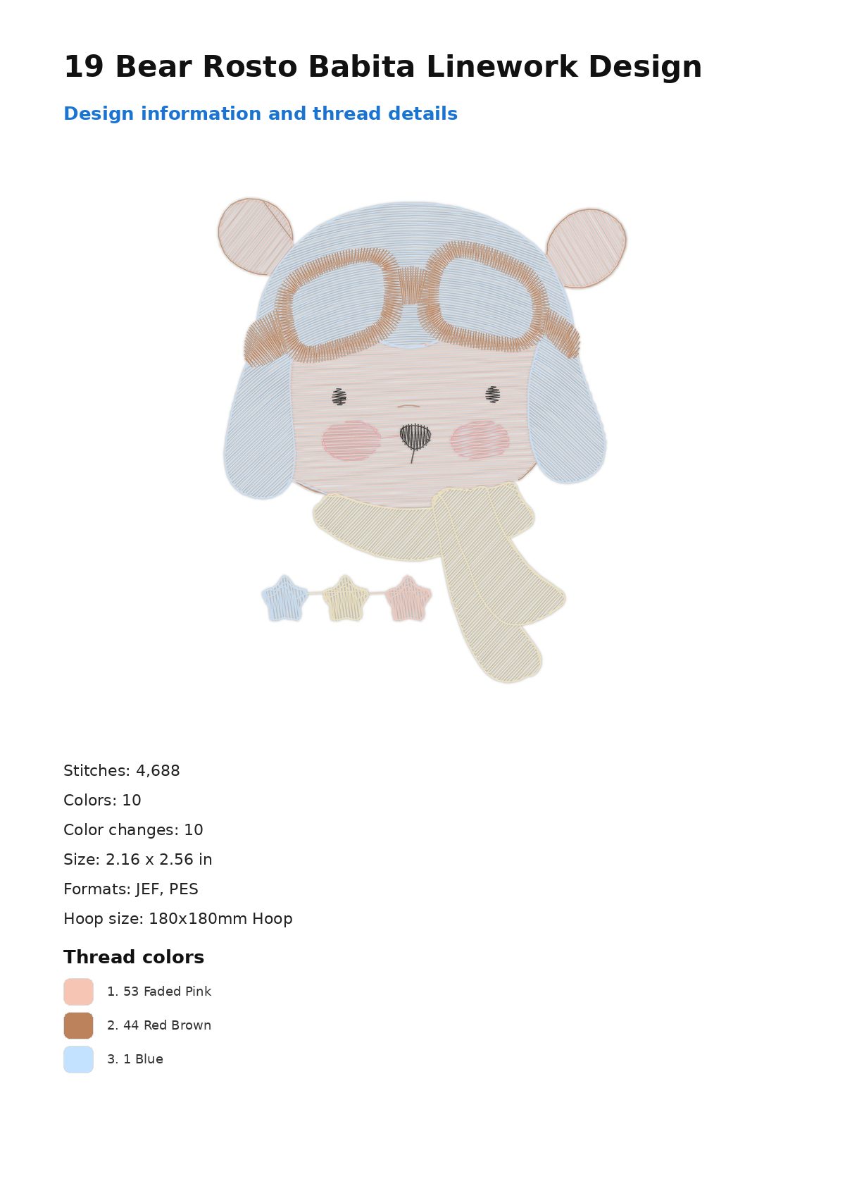 19 Bear Rosto Babita Linework Design free machine embroidery design — 2.16×2.56 in — 4,688 stitches — 10 colors — JEF, PES