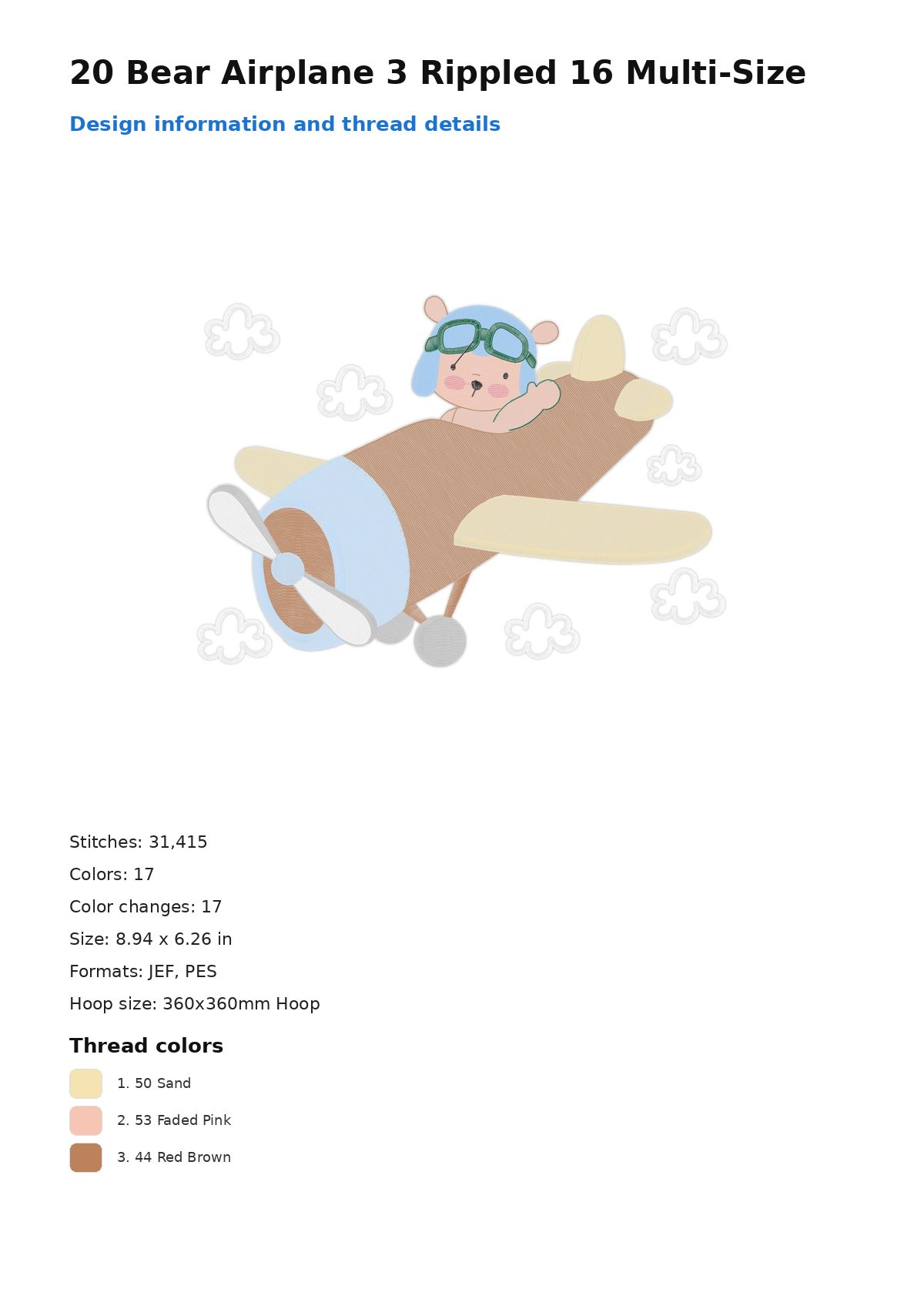 20 Bear Airplane 3 Rippled 16 Multi-Size free machine embroidery design — 8.94×6.26 in — 31,415 stitches — 17 colors — JEF, PES
