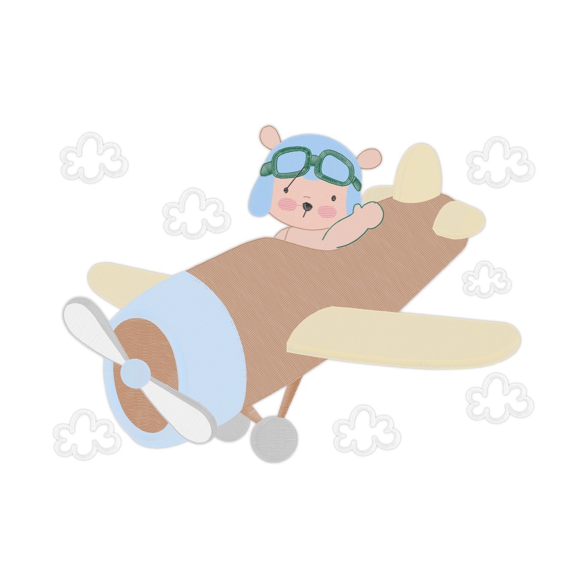 20 Bear Airplane 3 Rippled 16 Multi-Size free machine embroidery design — 8.94×6.26 in — 31,415 stitches — 17 colors — JEF, PES