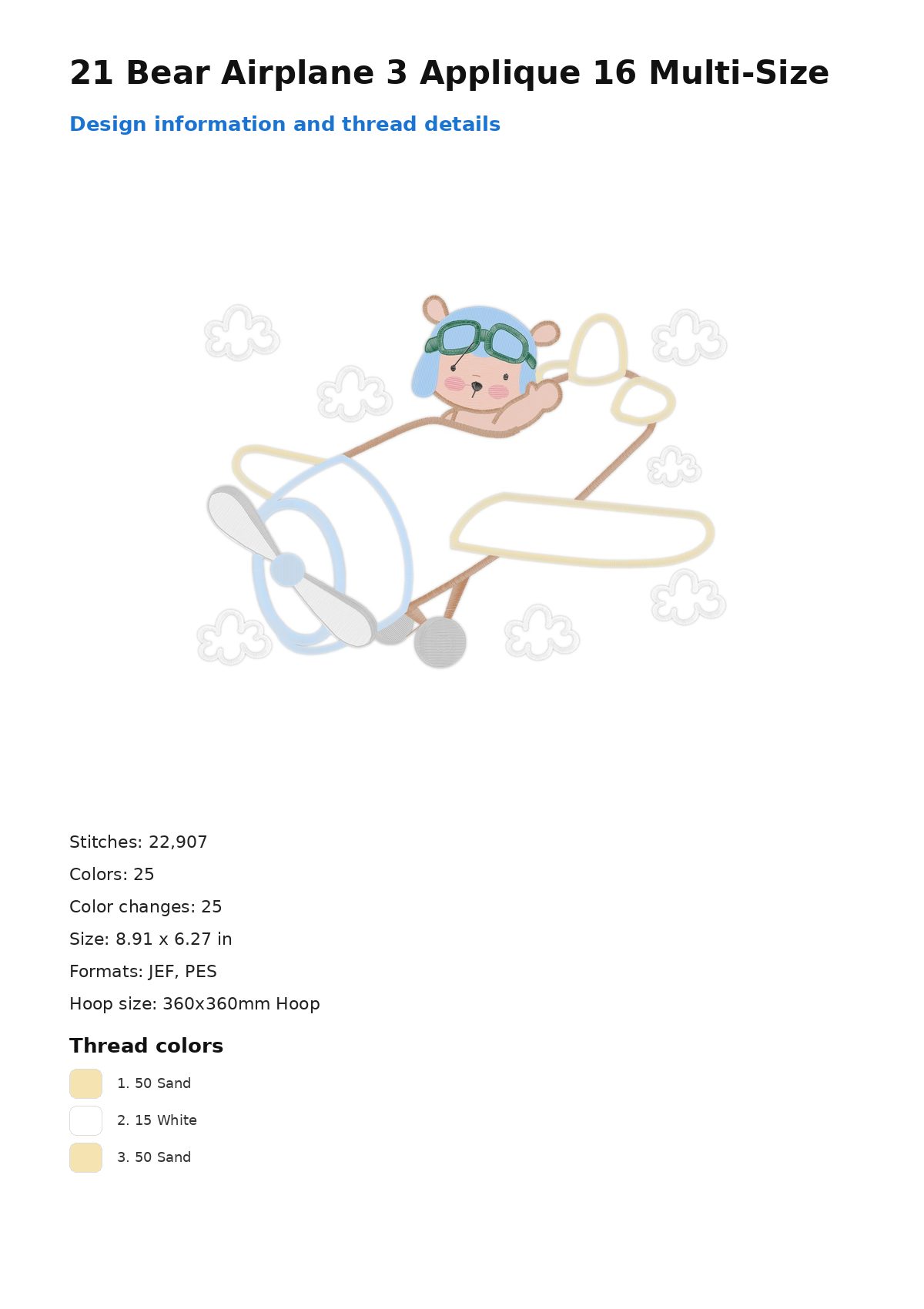 21 Bear Airplane 3 Applique 16 Multi-Size free machine embroidery design — 8.91×6.27 in — 22,907 stitches — 25 colors — JEF, PES