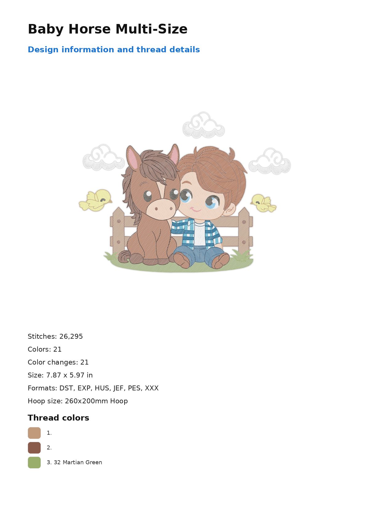 Baby Horse Multi-Size free machine embroidery design — 7.87×5.97 in — 26,295 stitches — 21 colors — DST, EXP, HUS, JEF, PES