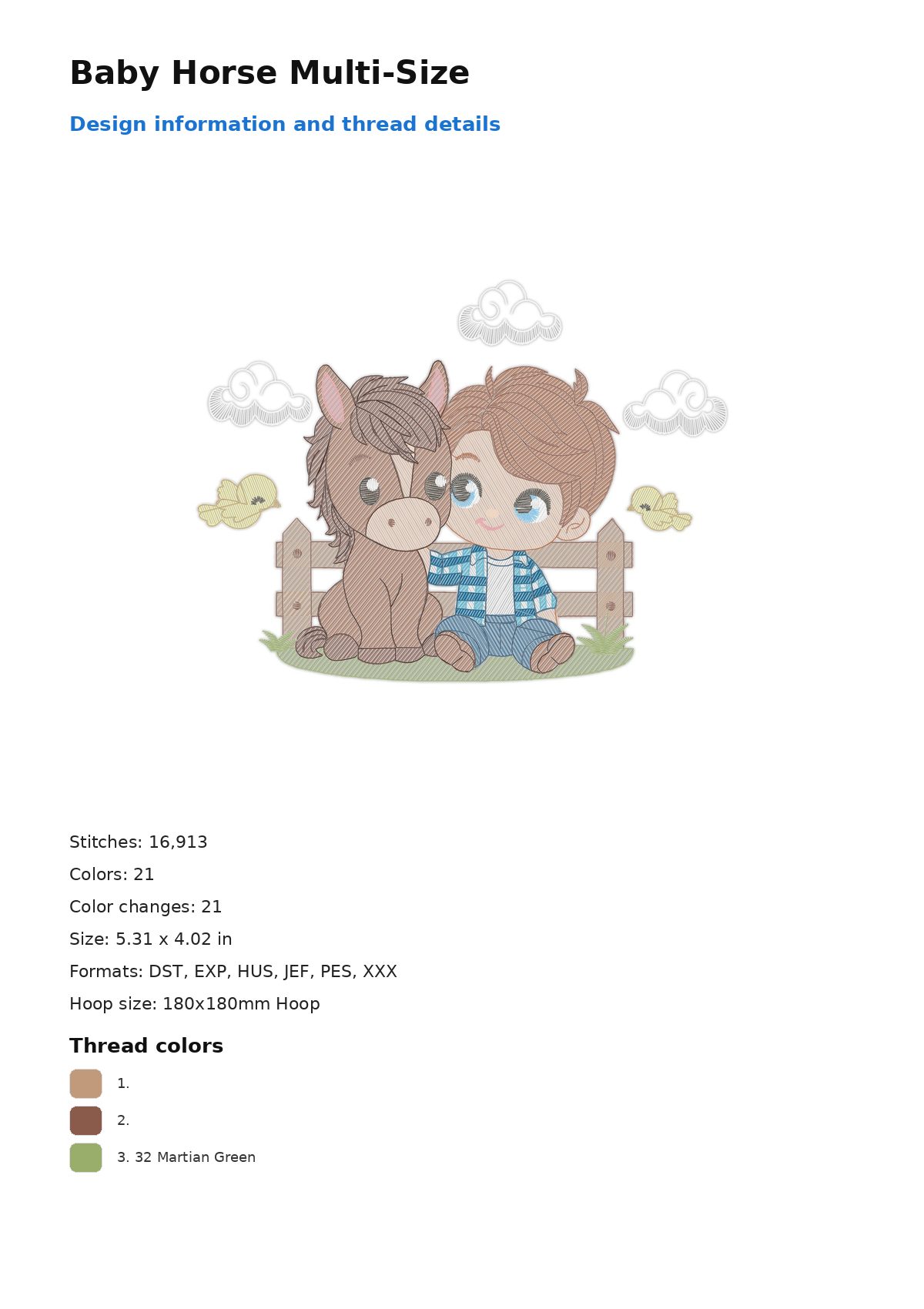 Baby Horse Multi-Size free machine embroidery design — 5.31×4.02 in — 16,913 stitches — 21 colors — DST, EXP, HUS, JEF, PES