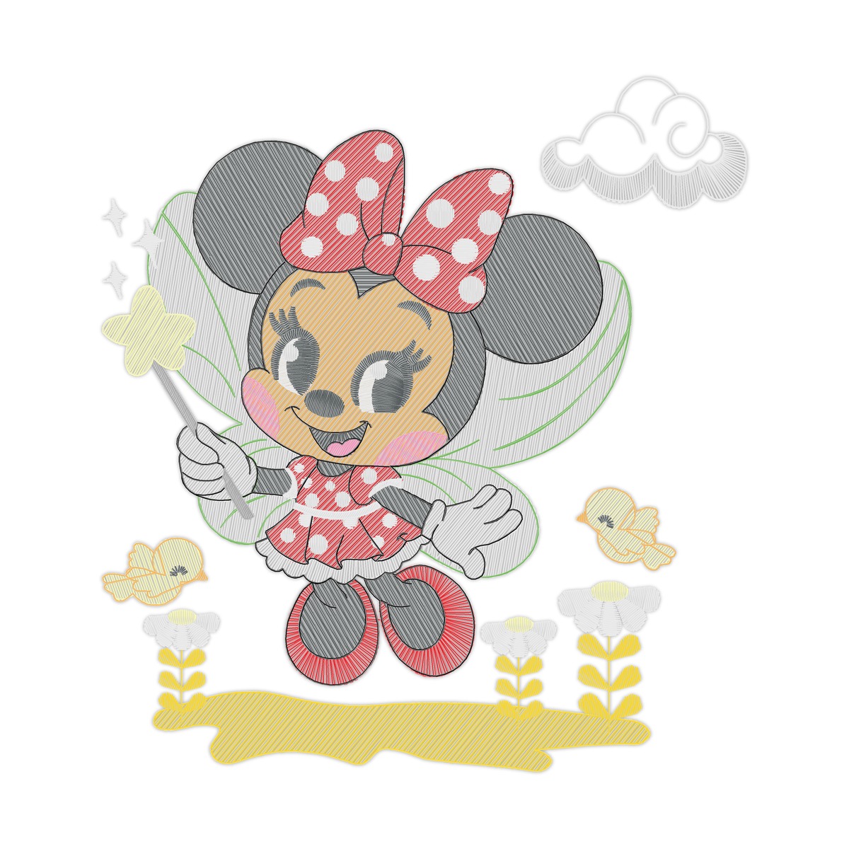 Collection Minnie Multi-Size free machine embroidery design — 5.48×5.91 in — 18,745 stitches — 17 colors — DST, EXP, HUS, JEF, PES