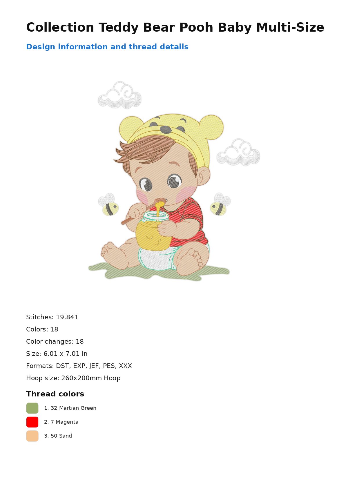 Collection Teddy Bear Pooh Baby Multi-Size free machine embroidery design — 6.01×7.01 in — 19,841 stitches — 18 colors — DST, EXP, JEF, PES, XXX
