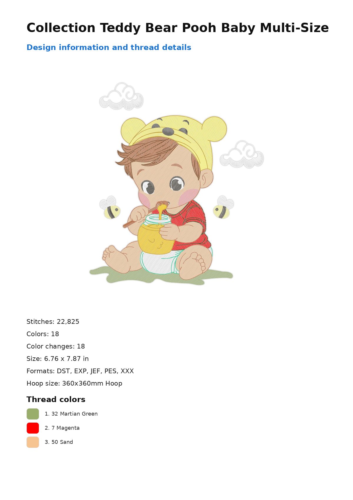 Collection Teddy Bear Pooh Baby Multi-Size free machine embroidery design — 6.76×7.87 in — 22,825 stitches — 18 colors — DST, EXP, JEF, PES, XXX