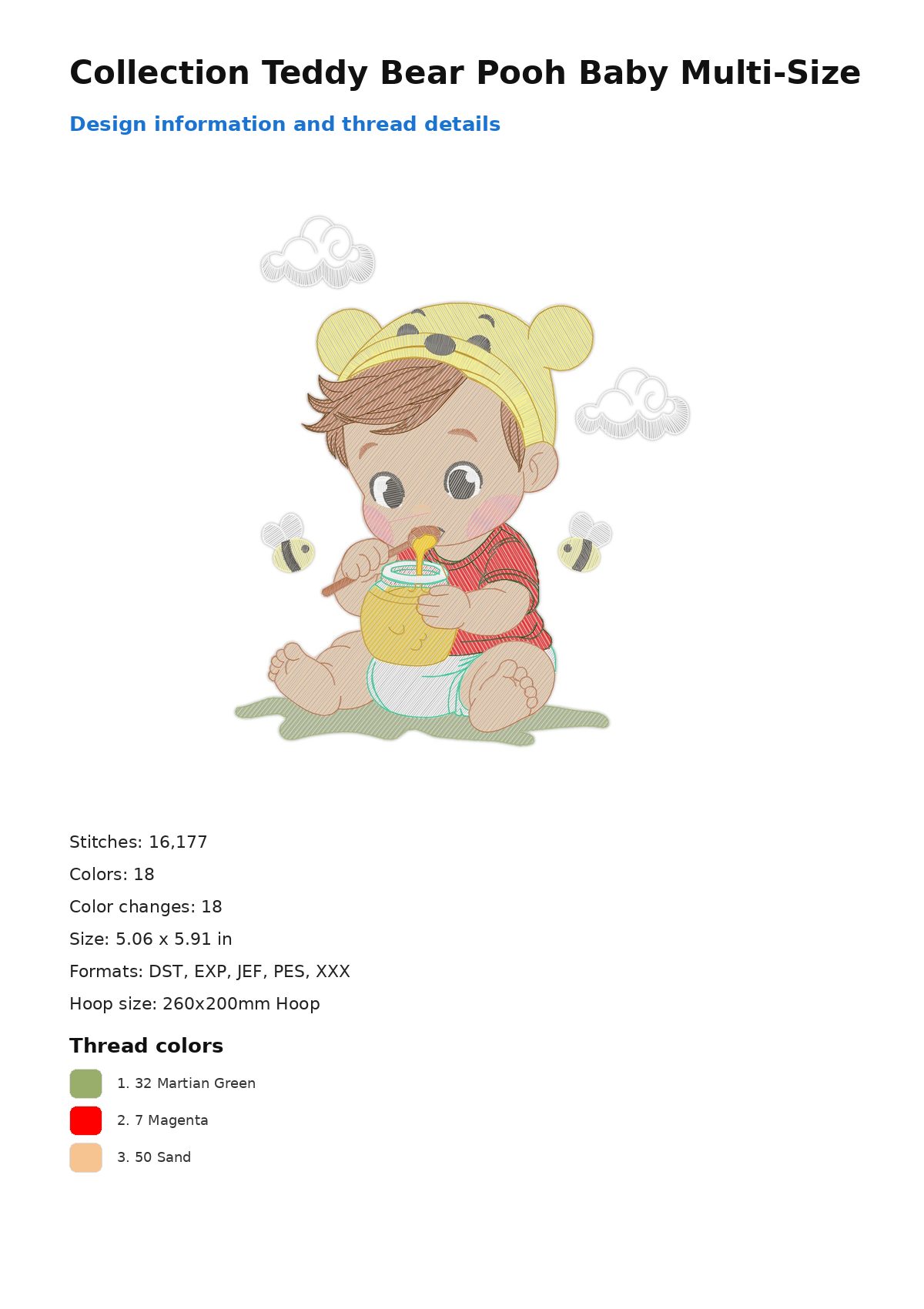 Collection Teddy Bear Pooh Baby Multi-Size free machine embroidery design — 5.06×5.91 in — 16,177 stitches — 18 colors — DST, EXP, JEF, PES, XXX