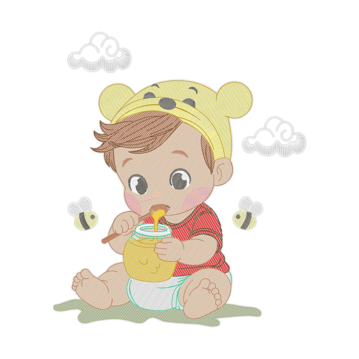 Collection Teddy Bear Pooh Baby Multi-Size free machine embroidery design — 5.06×5.91 in — 16,177 stitches — 18 colors — DST, EXP, JEF, PES, XXX
