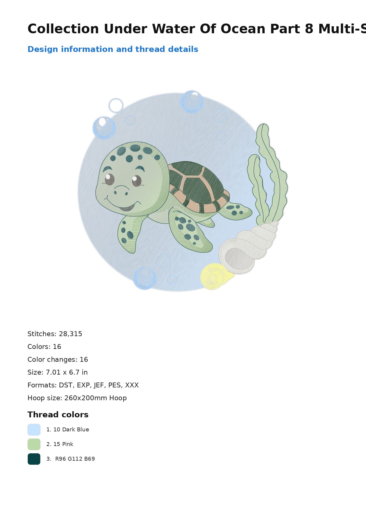 Collection Under Water Of Ocean Part 8 Multi-Size free machine embroidery design — 7.01×6.7 in — 28,315 stitches — 16 colors — DST, EXP, JEF, PES, XXX