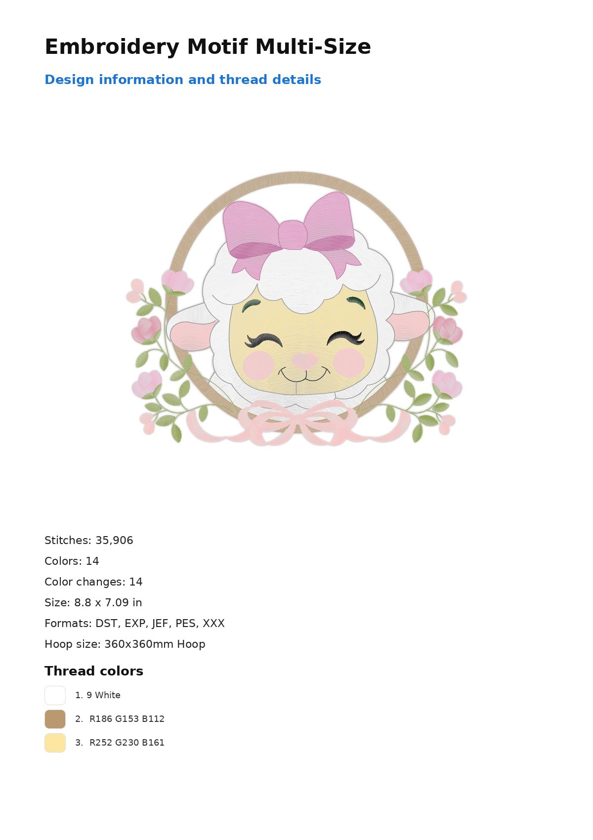 Embroidery Motif Multi-Size free machine embroidery design — 8.8×7.09 in — 35,906 stitches — 14 colors — DST, EXP, JEF, PES, XXX