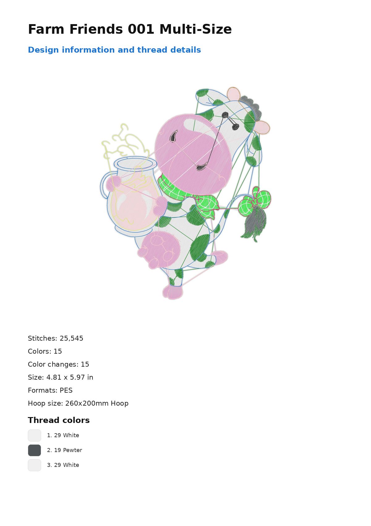 Farm Friends 001 Multi-Size free machine embroidery design — 4.81×5.97 in — 25,545 stitches — 15 colors — PES