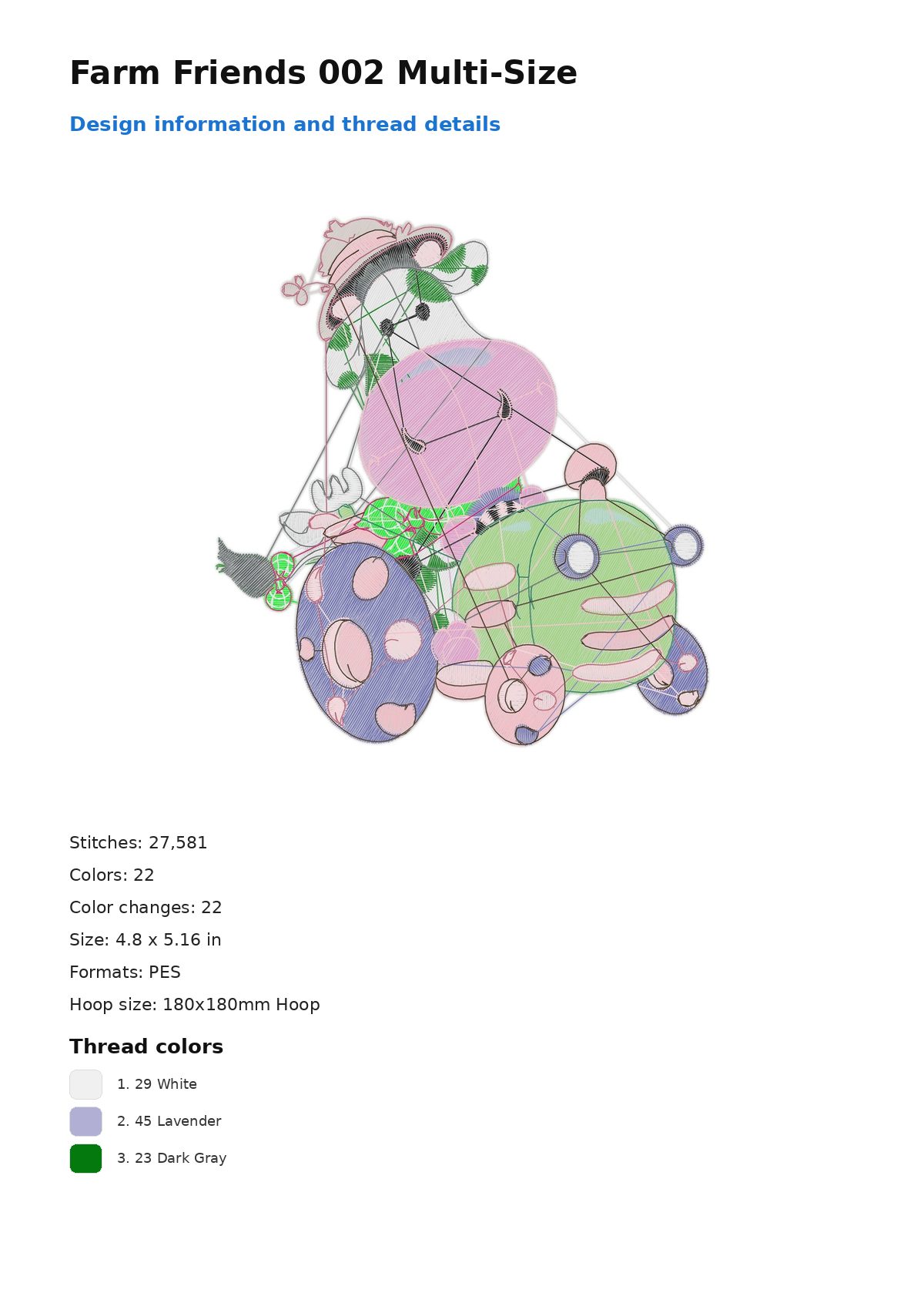 Farm Friends 002 Multi-Size free machine embroidery design — 4.8×5.16 in — 27,581 stitches — 22 colors — PES