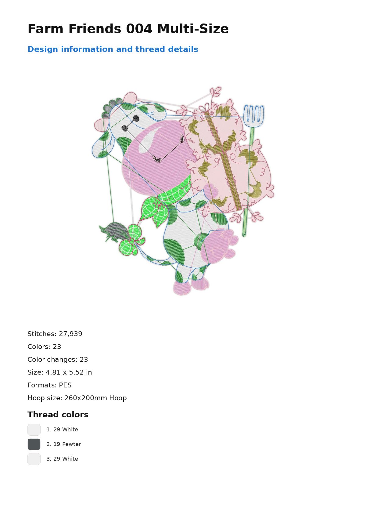 Farm Friends 004 Multi-Size free machine embroidery design — 4.81×5.52 in — 27,939 stitches — 23 colors — PES