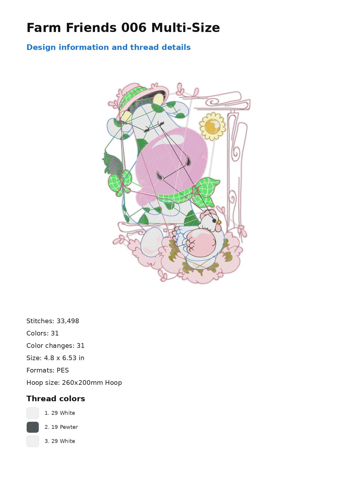 Farm Friends 006 Multi-Size free machine embroidery design — 4.8×6.53 in — 33,498 stitches — 31 colors — PES