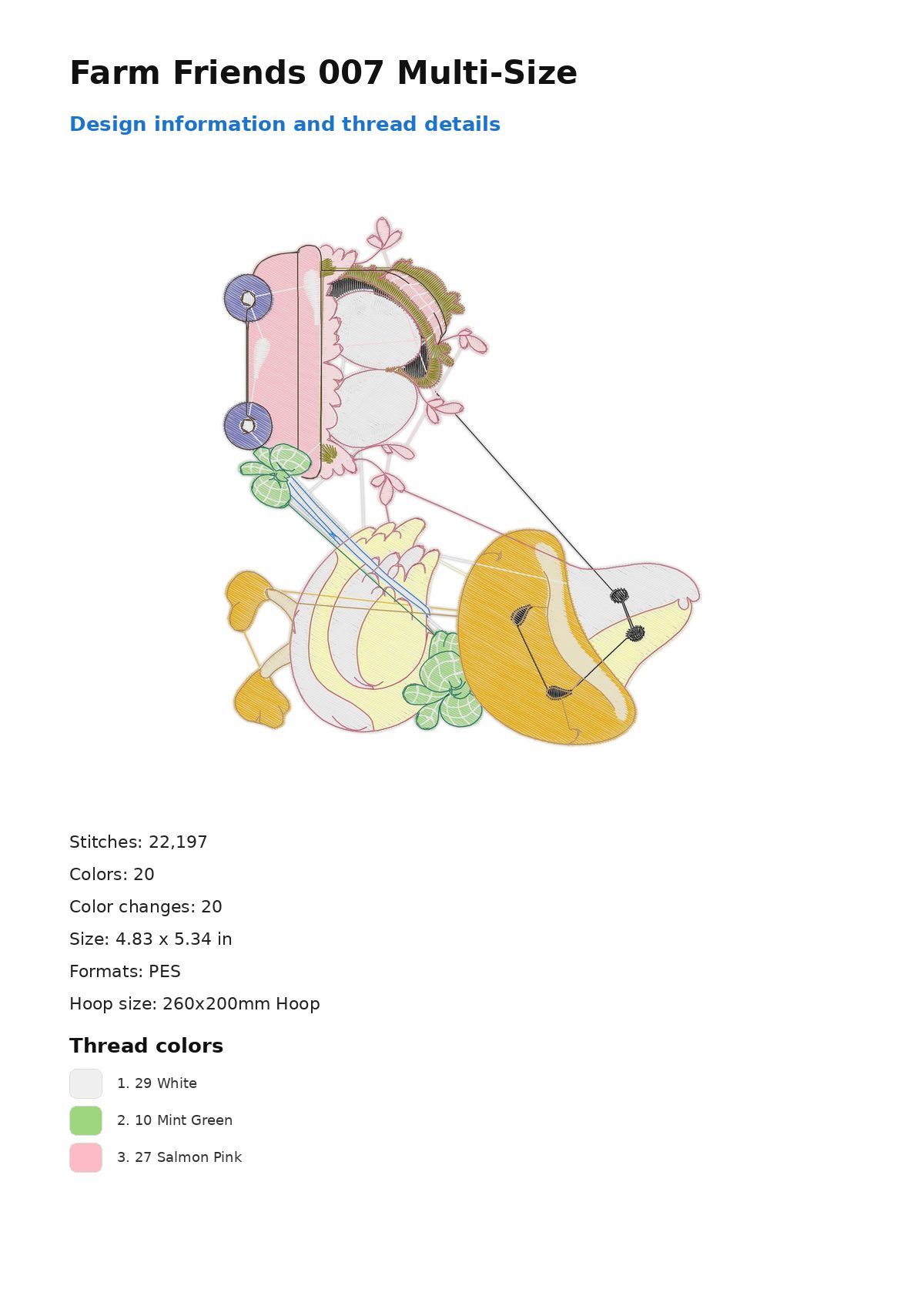 Farm Friends 007 Multi-Size free machine embroidery design — 4.83×5.34 in — 22,197 stitches — 20 colors — PES