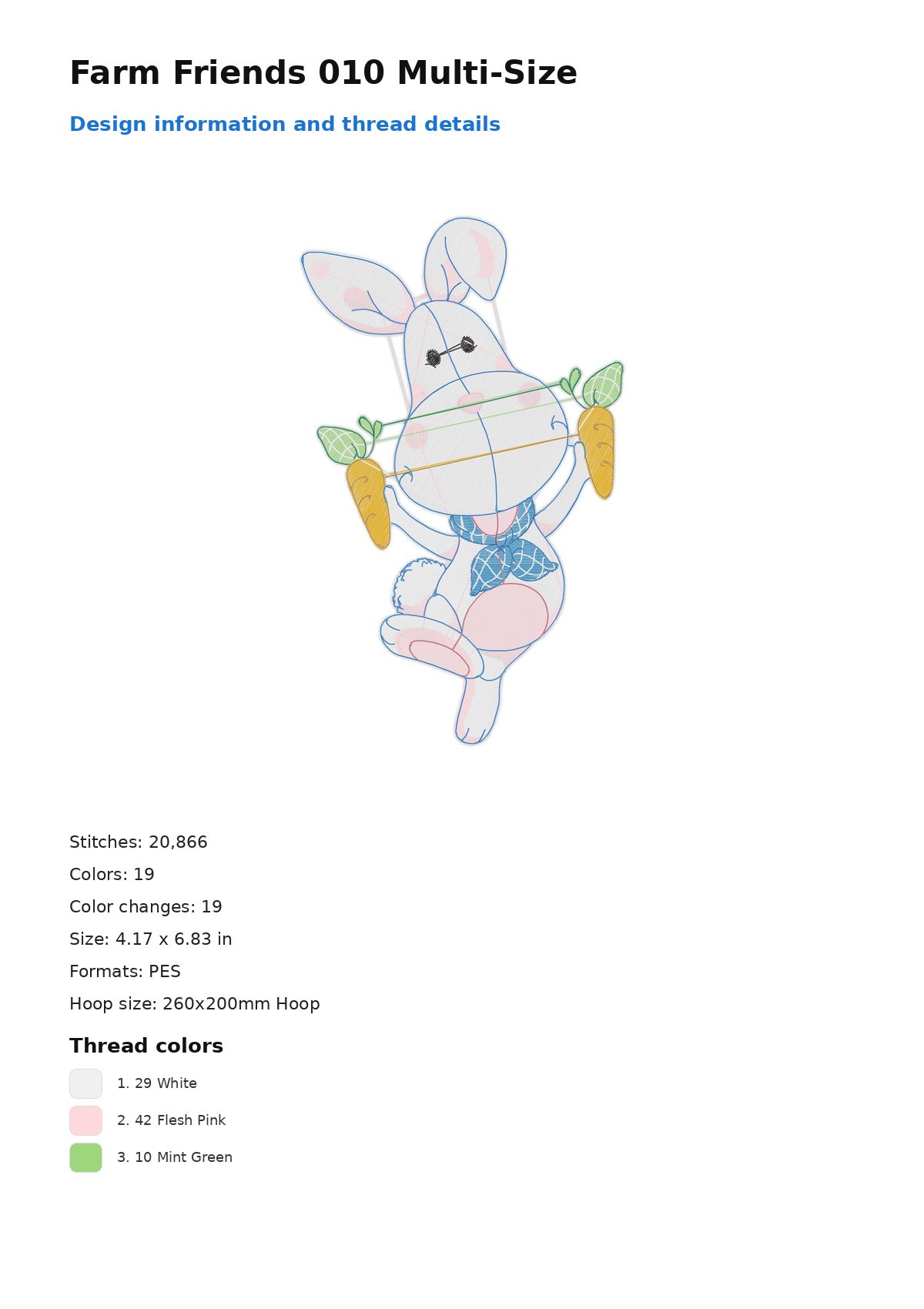 Farm Friends 010 Multi-Size free machine embroidery design — 4.17×6.83 in — 20,866 stitches — 19 colors — PES