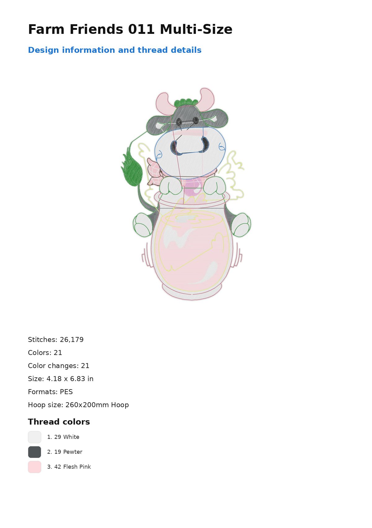 Farm Friends 011 Multi-Size free machine embroidery design — 4.18×6.83 in — 26,179 stitches — 21 colors — PES