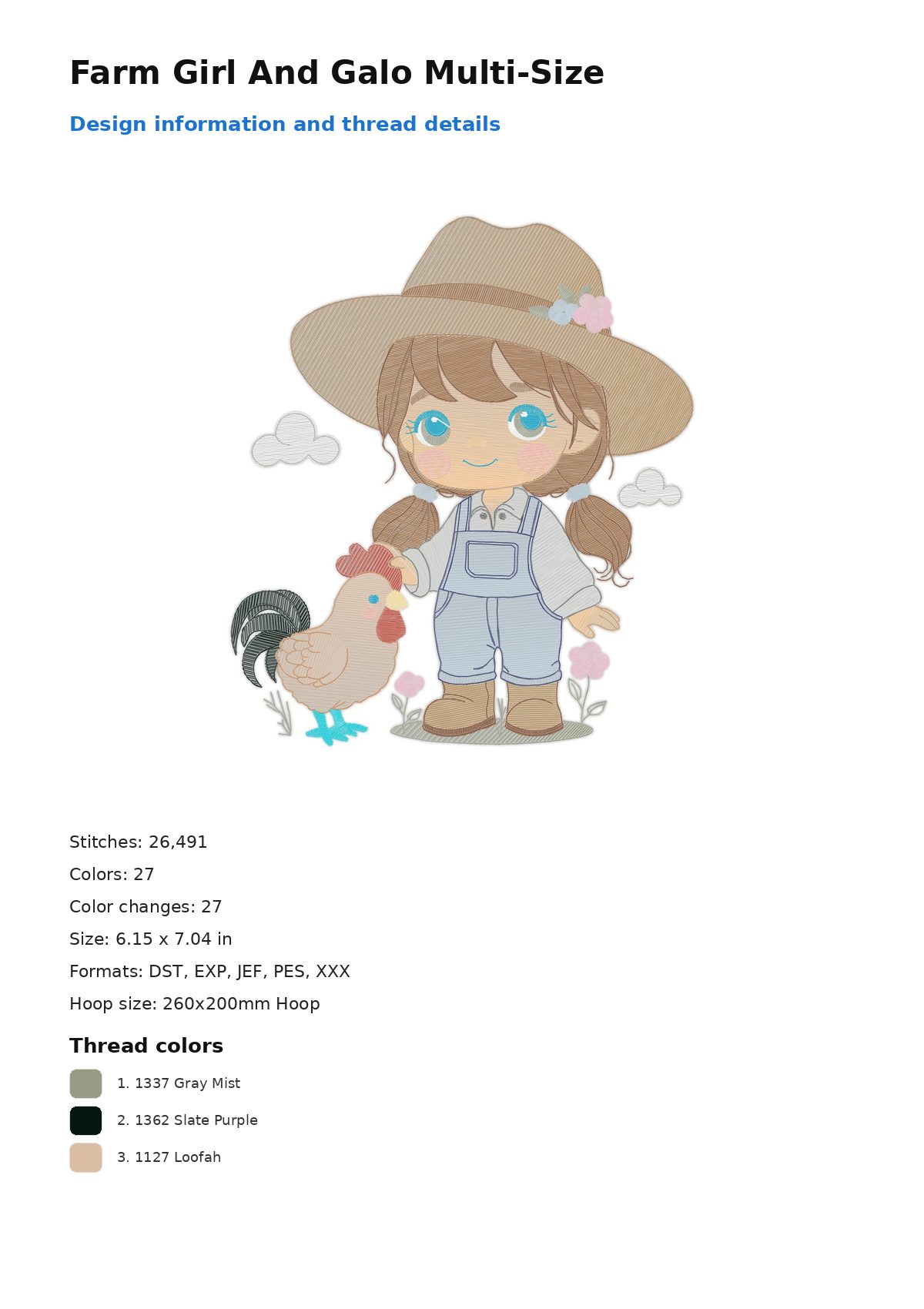 Farm Girl And Galo Multi-Size free machine embroidery design — 6.15×7.04 in — 26,491 stitches — 27 colors — DST, EXP, JEF, PES, XXX