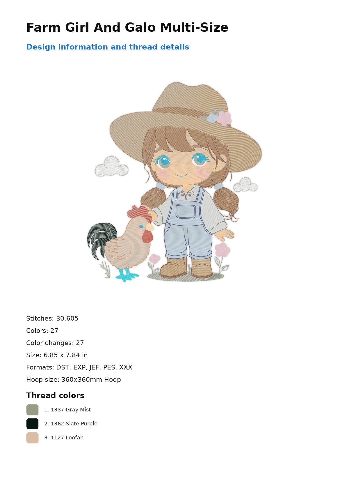 Farm Girl And Galo Multi-Size free machine embroidery design — 6.85×7.84 in — 30,605 stitches — 27 colors — DST, EXP, JEF, PES, XXX