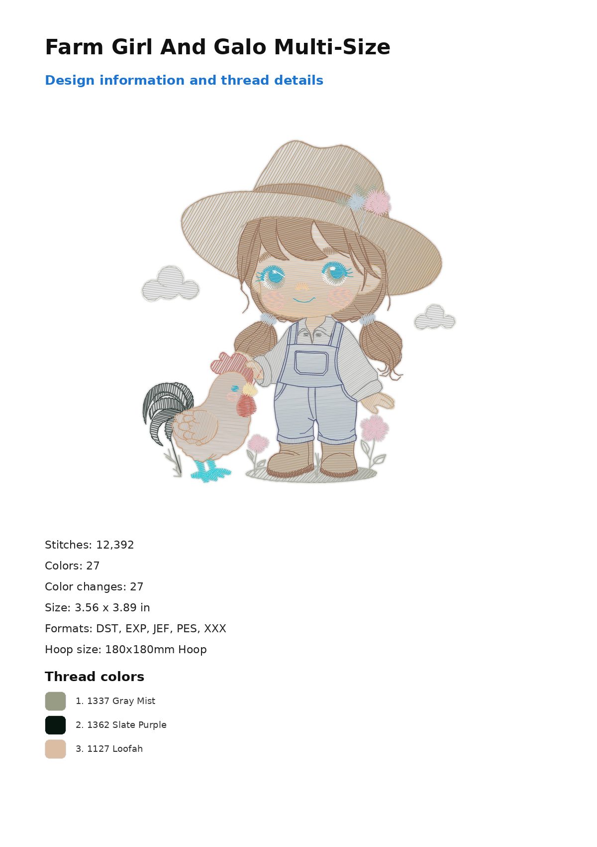 Farm Girl And Galo Multi-Size free machine embroidery design — 3.56×3.89 in — 12,392 stitches — 27 colors — DST, EXP, JEF, PES, XXX