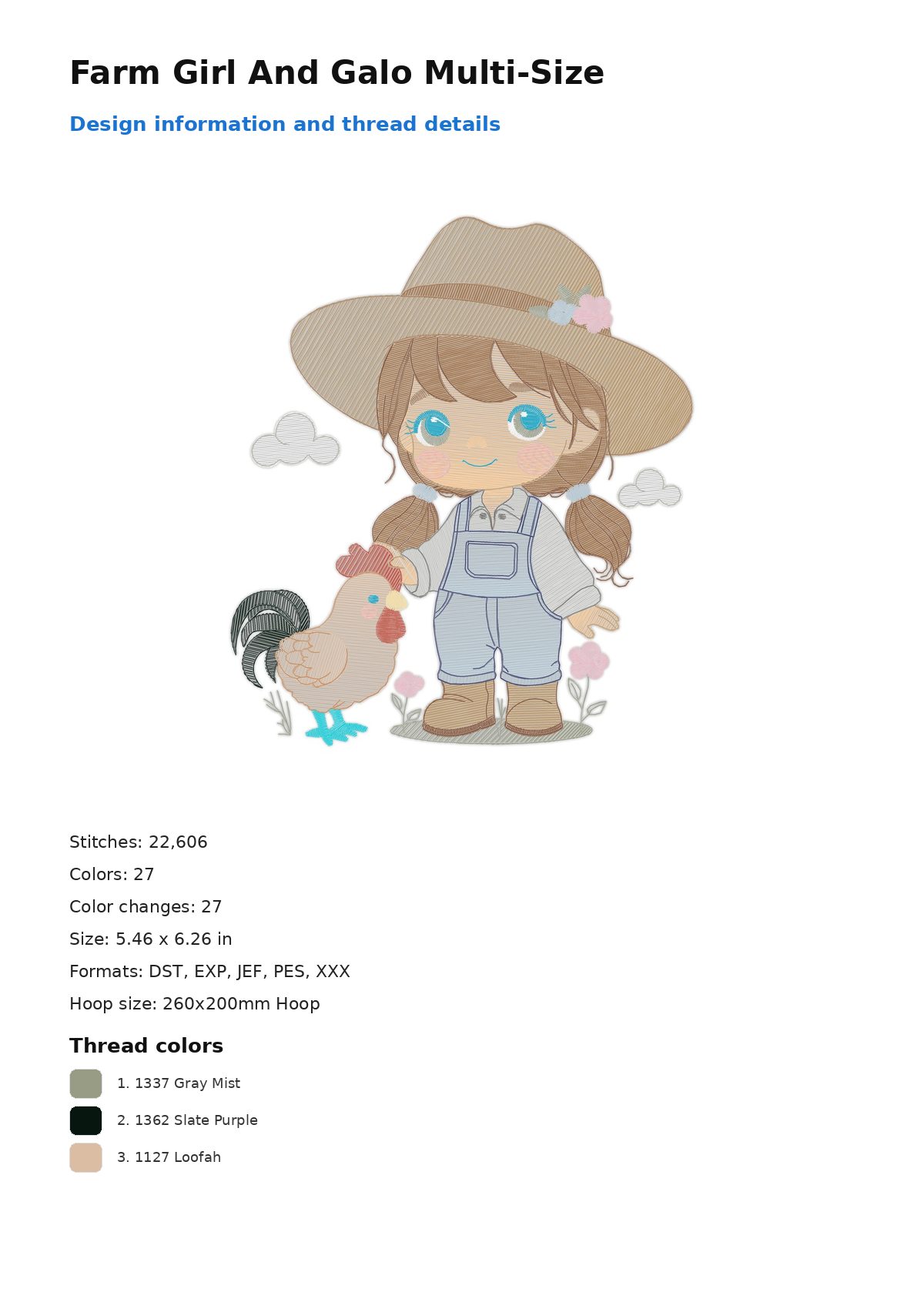Farm Girl And Galo Multi-Size free machine embroidery design — 5.46×6.26 in — 22,606 stitches — 27 colors — DST, EXP, JEF, PES, XXX